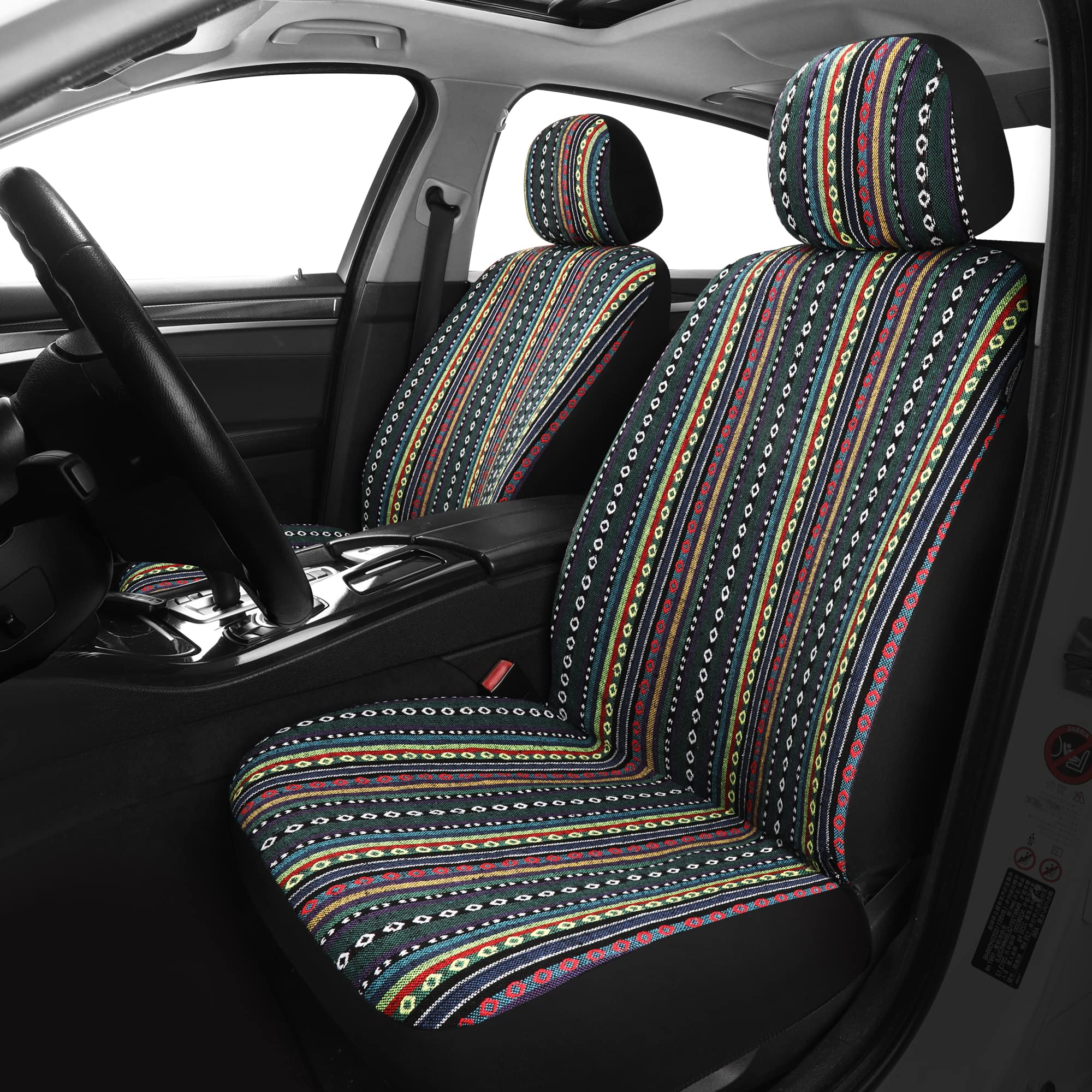 Pariitadin Baja Saddle Blanket Car Seat Covers Full Set With Seat Belt Pads, Washable Breathable Striped Woven Cloth Seat Covers