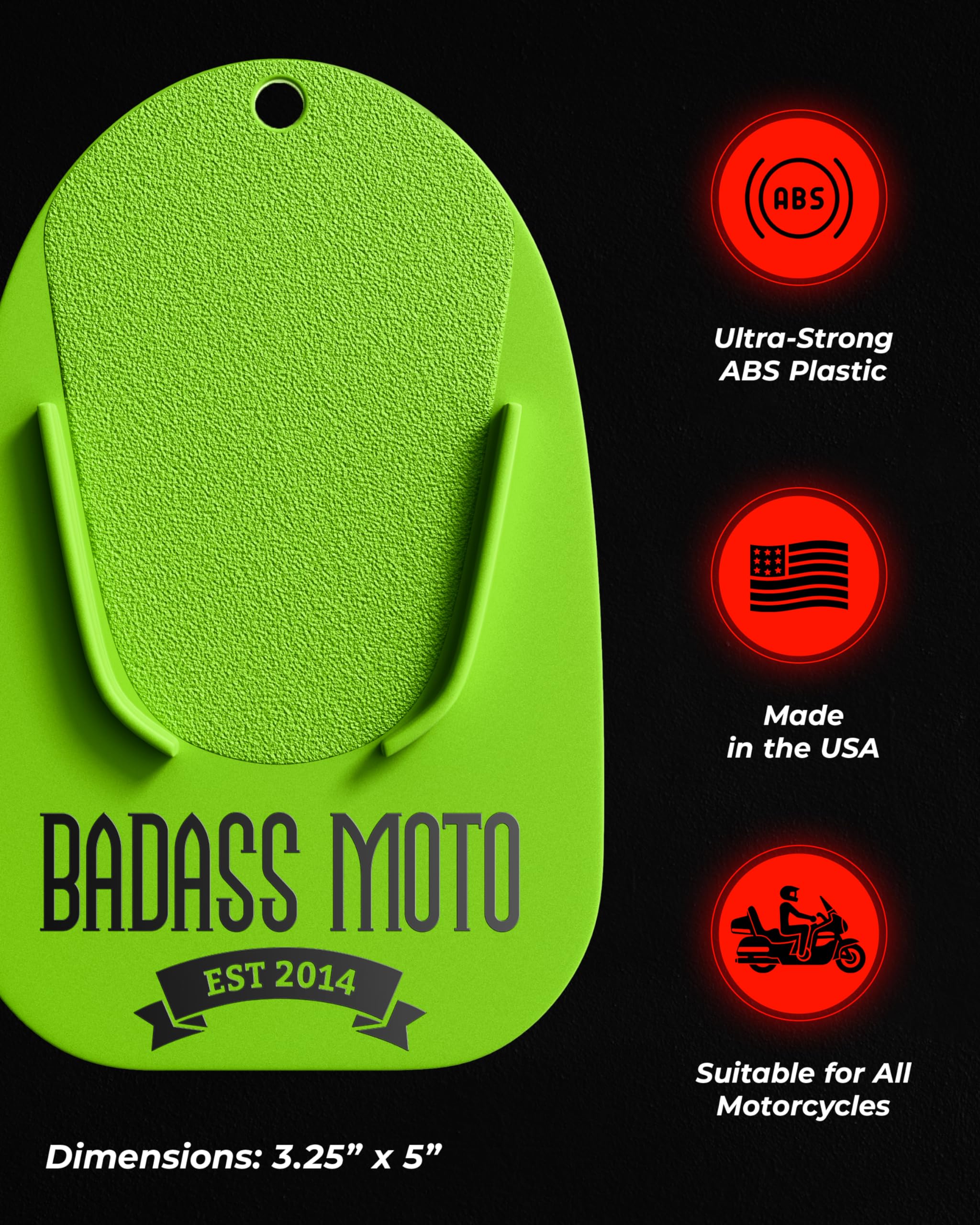 Badass Moto Motorcycle Kickstand Pad - Green - American Made in USA. Durable Biker Kick Stand Coaster/Support Plate Color Choice