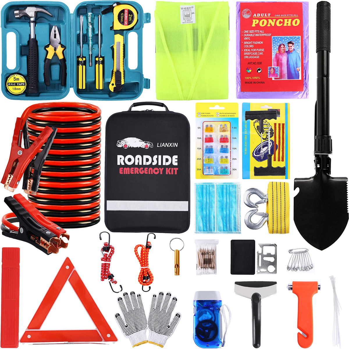 Lianxin Roadside Emergency Car Kit-Safety Car Kit Car Emergency Kit With Jumper Cables Roadside Assistance Kit, Tow Rope, Safety