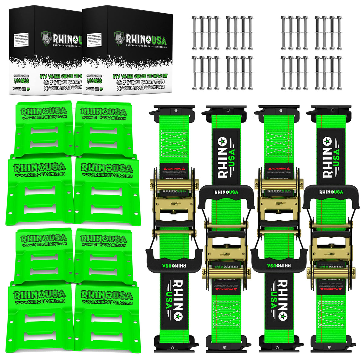 Rhino Usa Wheel Chock Tie Down Kit (1,986Lb Break Strength) Ultimate Heavy Duty Trailer Tire Straps System For Atv, Utv, Lawn Mower & More - Ratchet Tie Downs Accessories With E Track For Four Wheeler