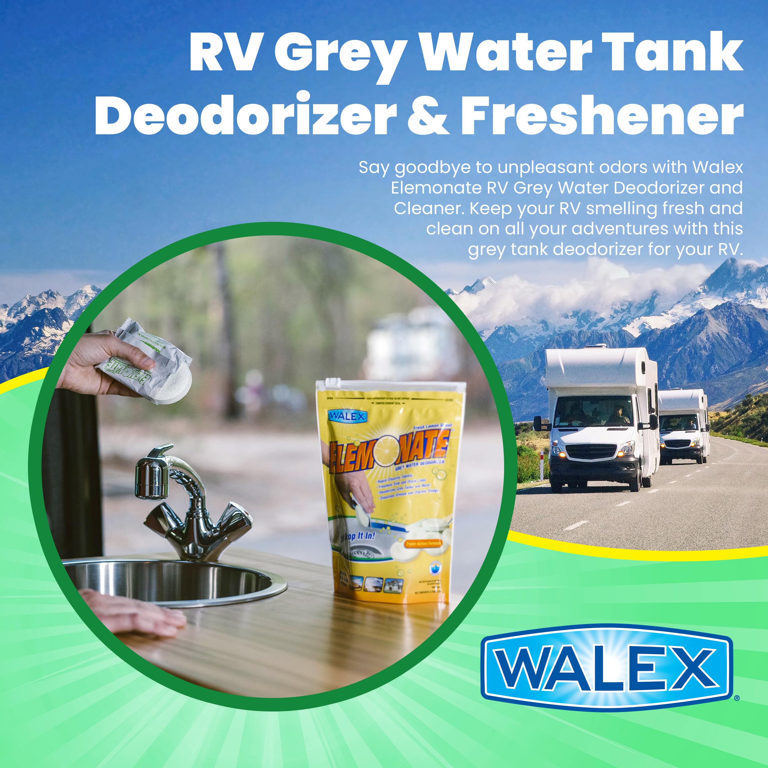 Walex Elemonate Rv Grey Water Tank Deodorizer And Freshener, Sink, Shower Drain Cleaner Drop-Ins Tablets, Camper Trailer, Fresh
