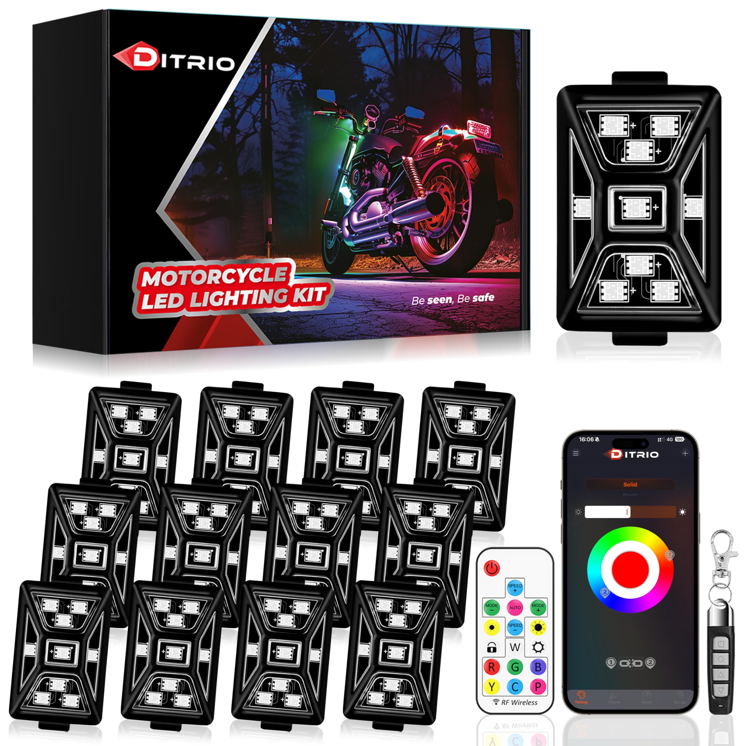 12PCS 5 Sides Full Angle RGB Motorcycle LED Underglow Kit with APP and 2 Remote Control,Brake Light Bright Waterproof Music Mode