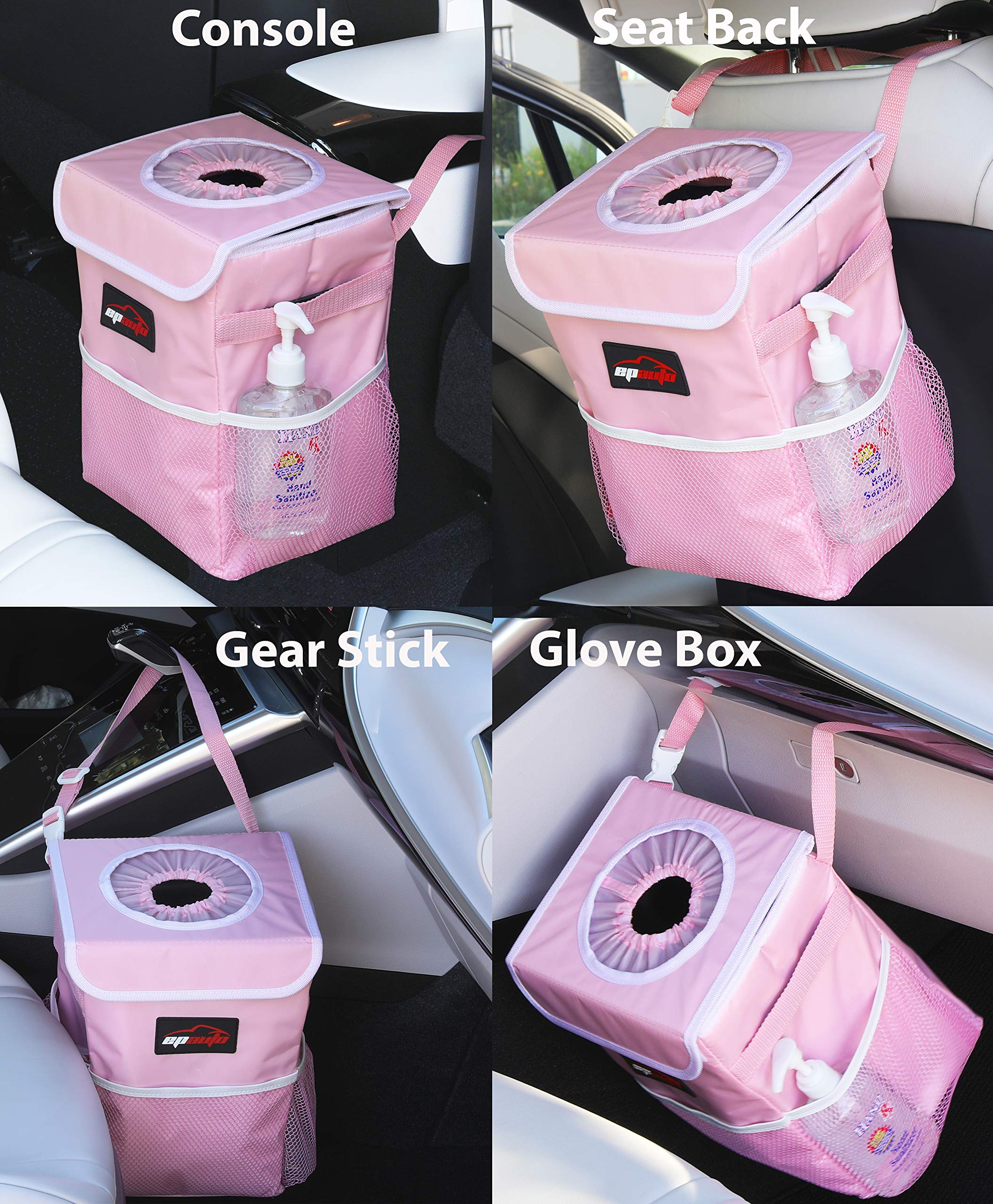 Epauto Waterproof Car Trash Can With Lid And Storage Pockets, Pink