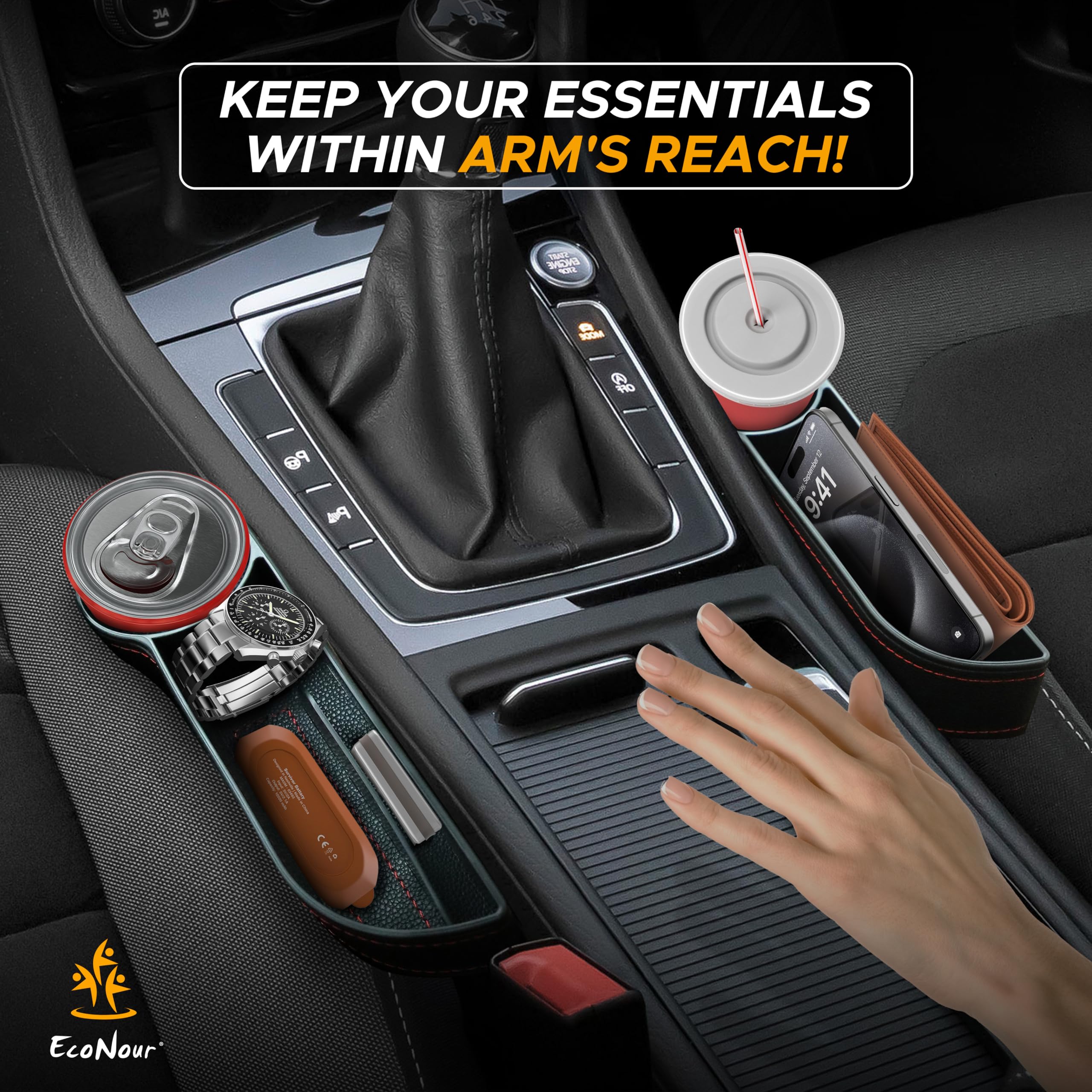 Econour Car Seat Gap Filler Organizer | Multifunctional Front Seat Organizer With 2 Bonus Headrest Hooks | Storage Box In Between Seats Organizer With Cup Holder | Car Interior Seat Gap Accessories