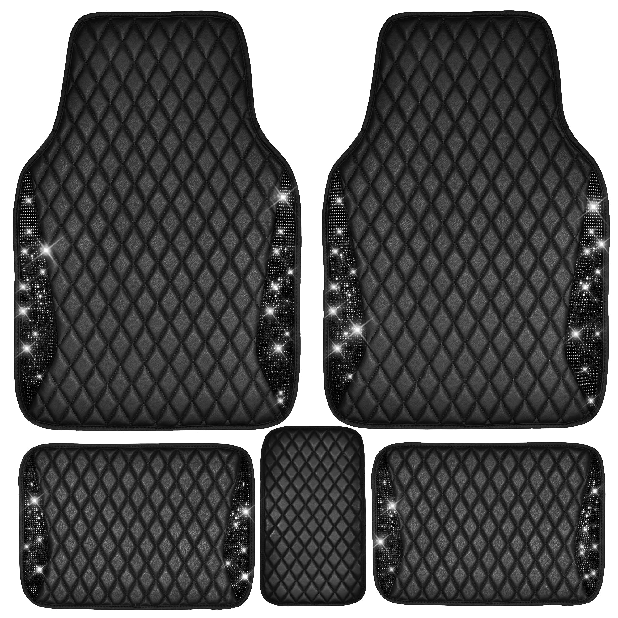 CAR PASS Bling Leather Car Mats Shining Diamond Floor Mats Sparkly Glitter Crystal Rhinestones Carpet Anti-Slip Waterproof Pad U