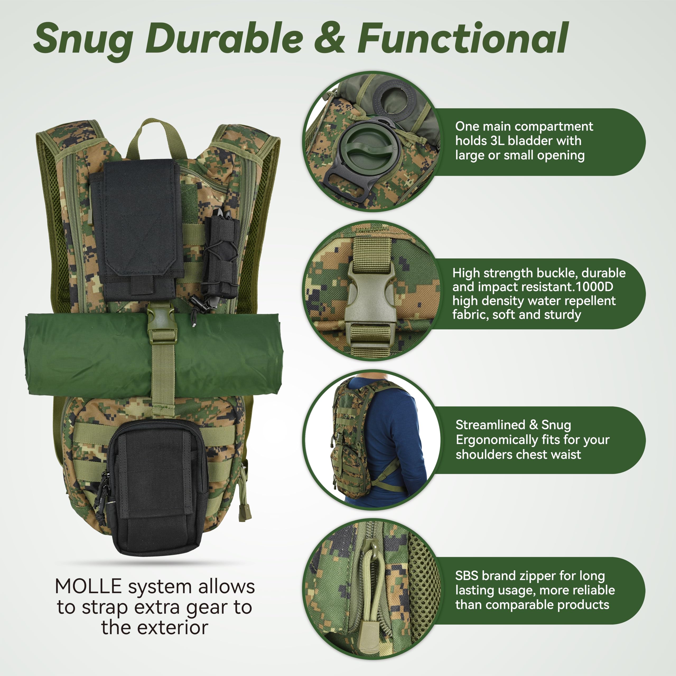 Marchway Tactical Molle Hydration Pack Backpack With 3L Tpu Water Bladder, Military Daypack For Cycling, Hiking, Running, Climbing, Hunting, Biking (Digital Woodland)