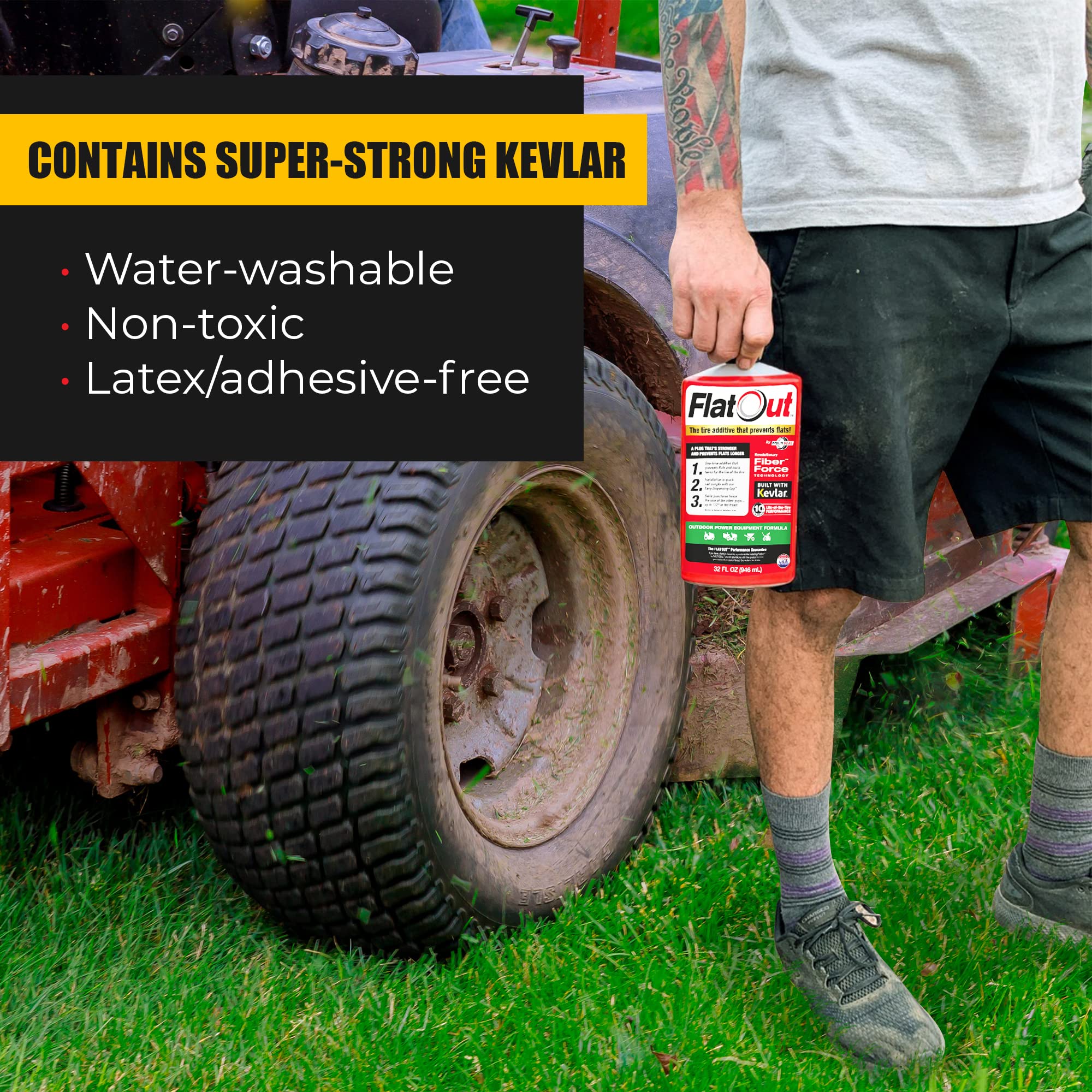 Flatout Tire Sealant Outdoor Power Equipment Formula - Prevent Flat Tires, Seal Leaks, Contains Kevlar, 32-Ounce Bottle, 4-Pack