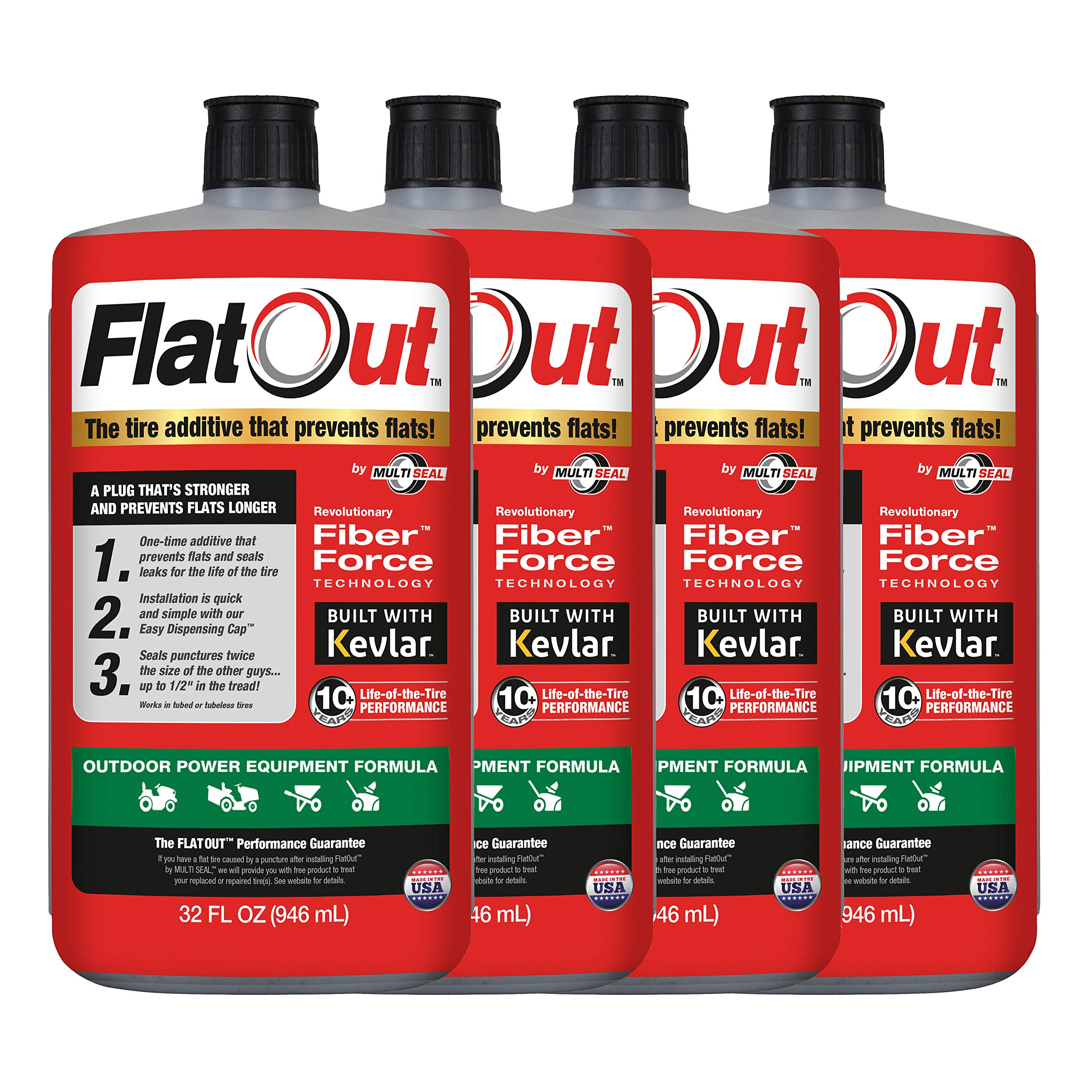 Flatout Tire Sealant Outdoor Power Equipment Formula - Prevent Flat Tires, Seal Leaks, Contains Kevlar, 32-Ounce Bottle, 4-Pack