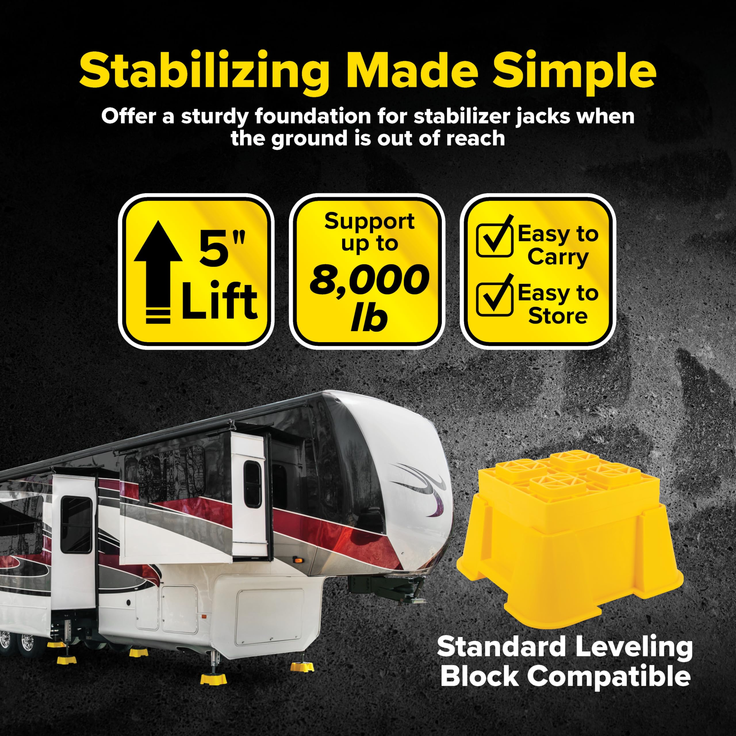 Camco Fasten RV Big Blocks Stabilizing Jack Supports w/Convenient Handle - Nesting Design for RV Storage - Compatible w/Square R