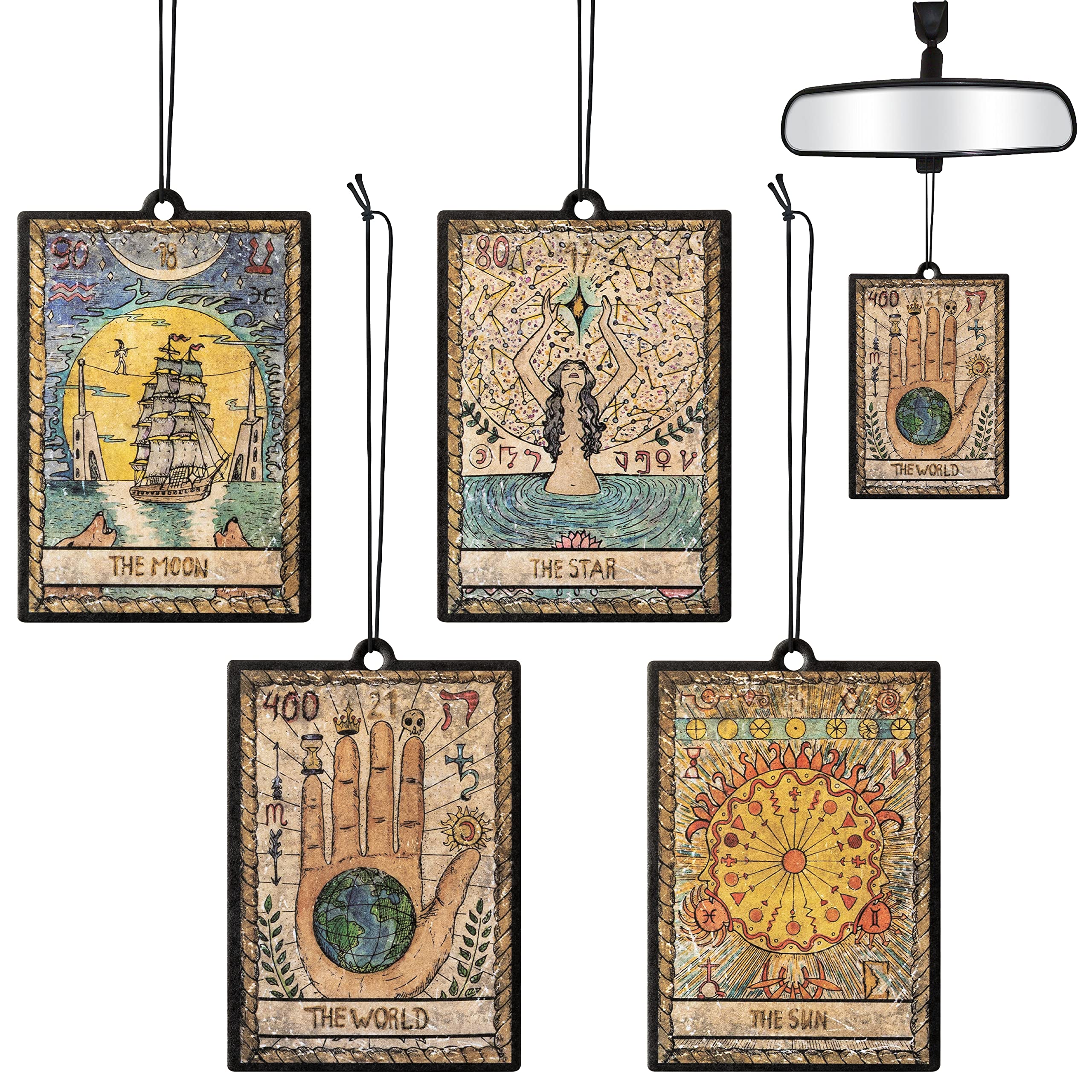 L1Rabe 4Pcs Vintage Tarot Car Air Fresheners, The Star World Sun Moon Hanging Air Freshener Fragrance Scented Cards Old Style Ta