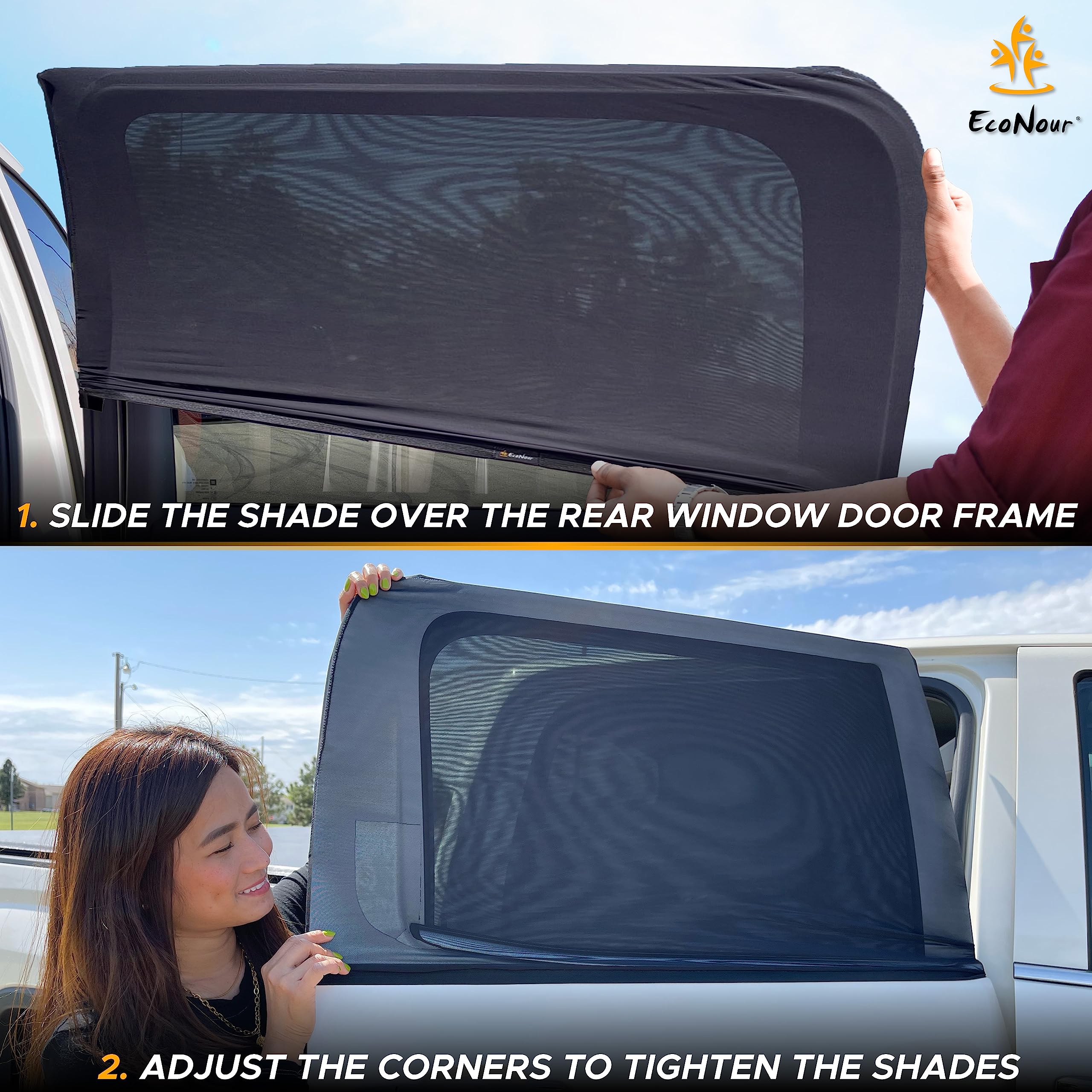 Econour Car Side Window Sun Shade (Pack Of 2) | Stretchable & Breathable Car Window Screens For Complete Sun & Privacy Protection | Fits Most Truck, Suv And Minivan (Xl 42 X 24)