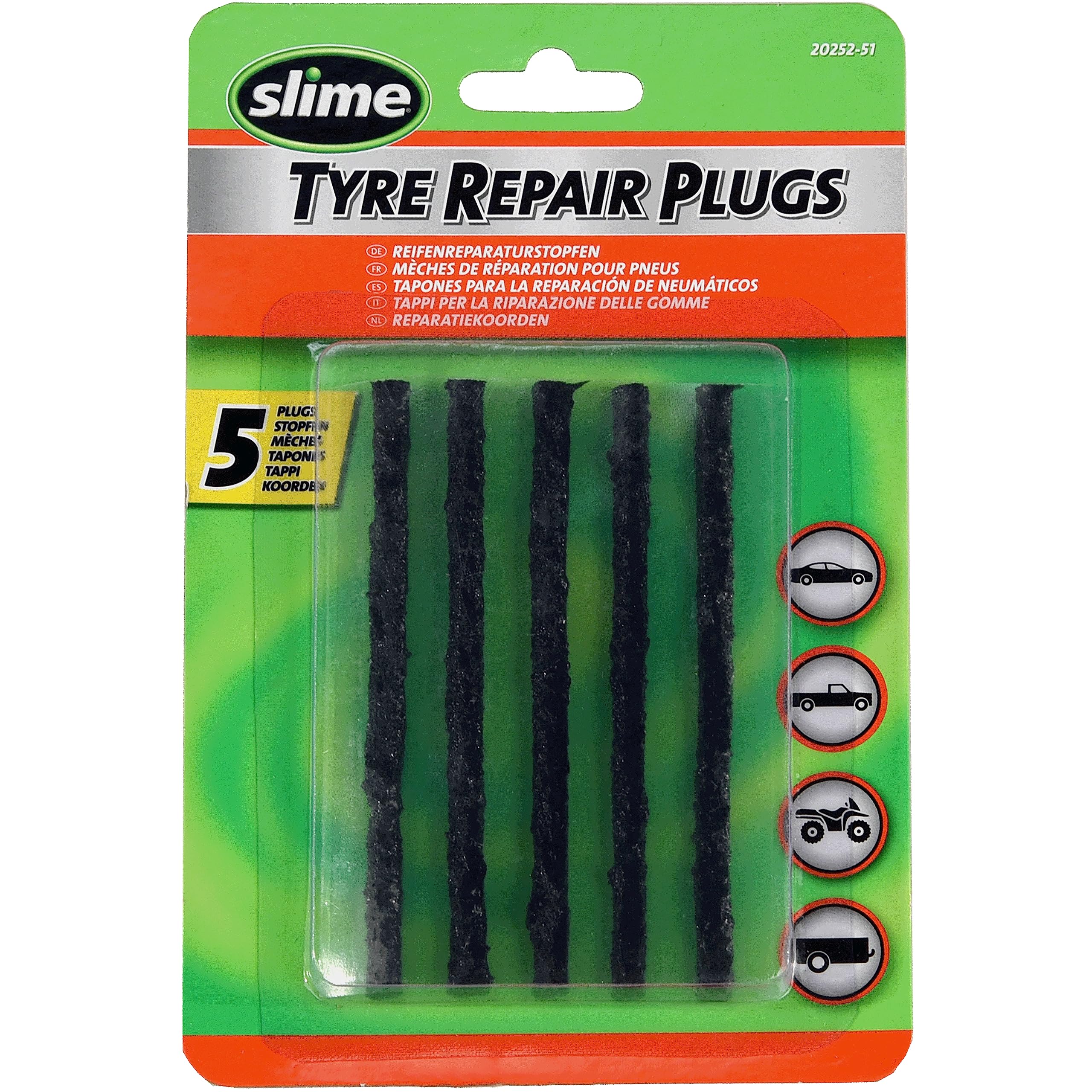 Slime 20252 Tire Repair Plugs Strings, Act, Mowers, Wheelbarrows, 7-Ply, 4In, 5 Count