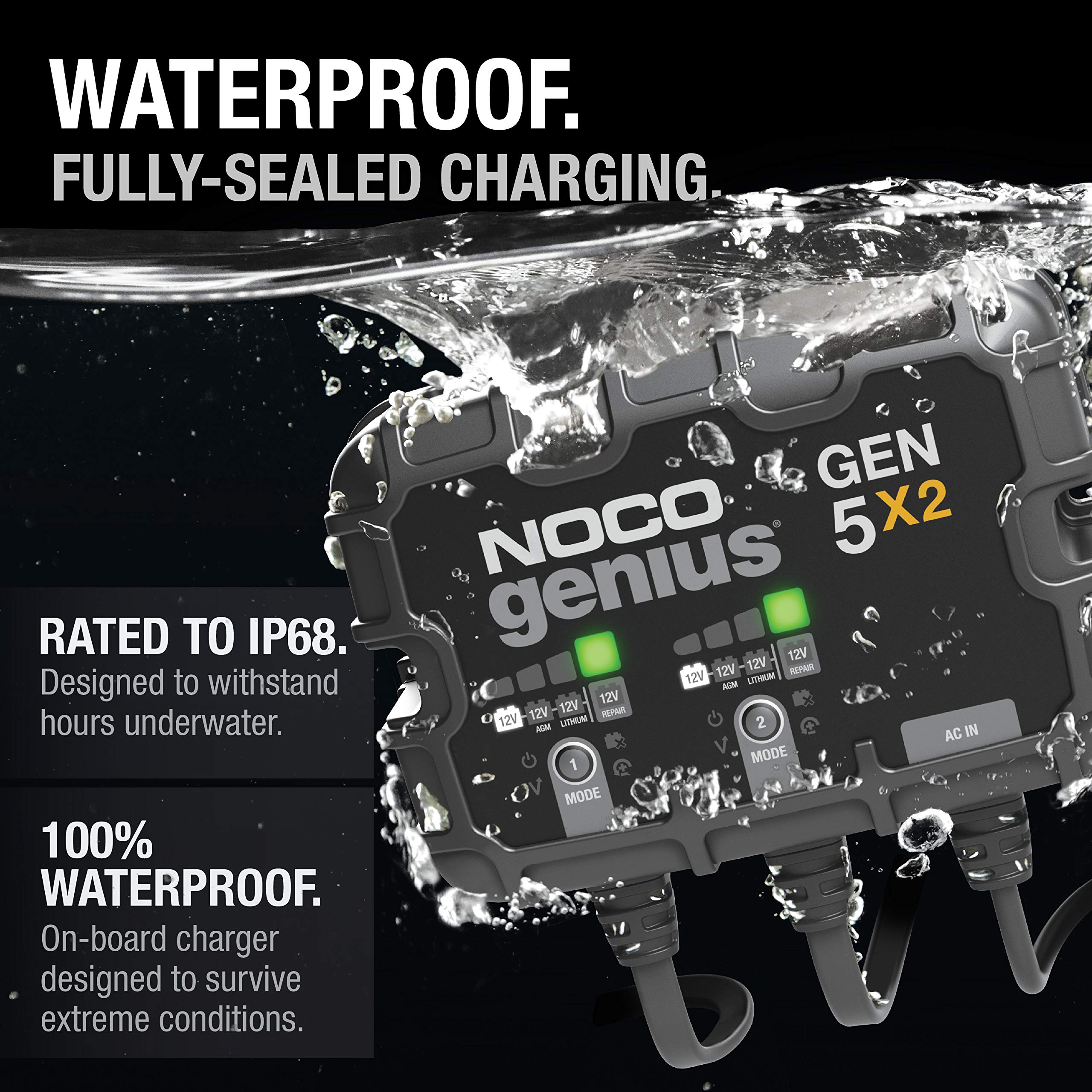 NOCO Genius GEN5X2, 2-Bank, 10A (5A/Bank) Smart Marine Battery Charger, 12V Waterproof Onboard Boat Charger, Battery Maintainer