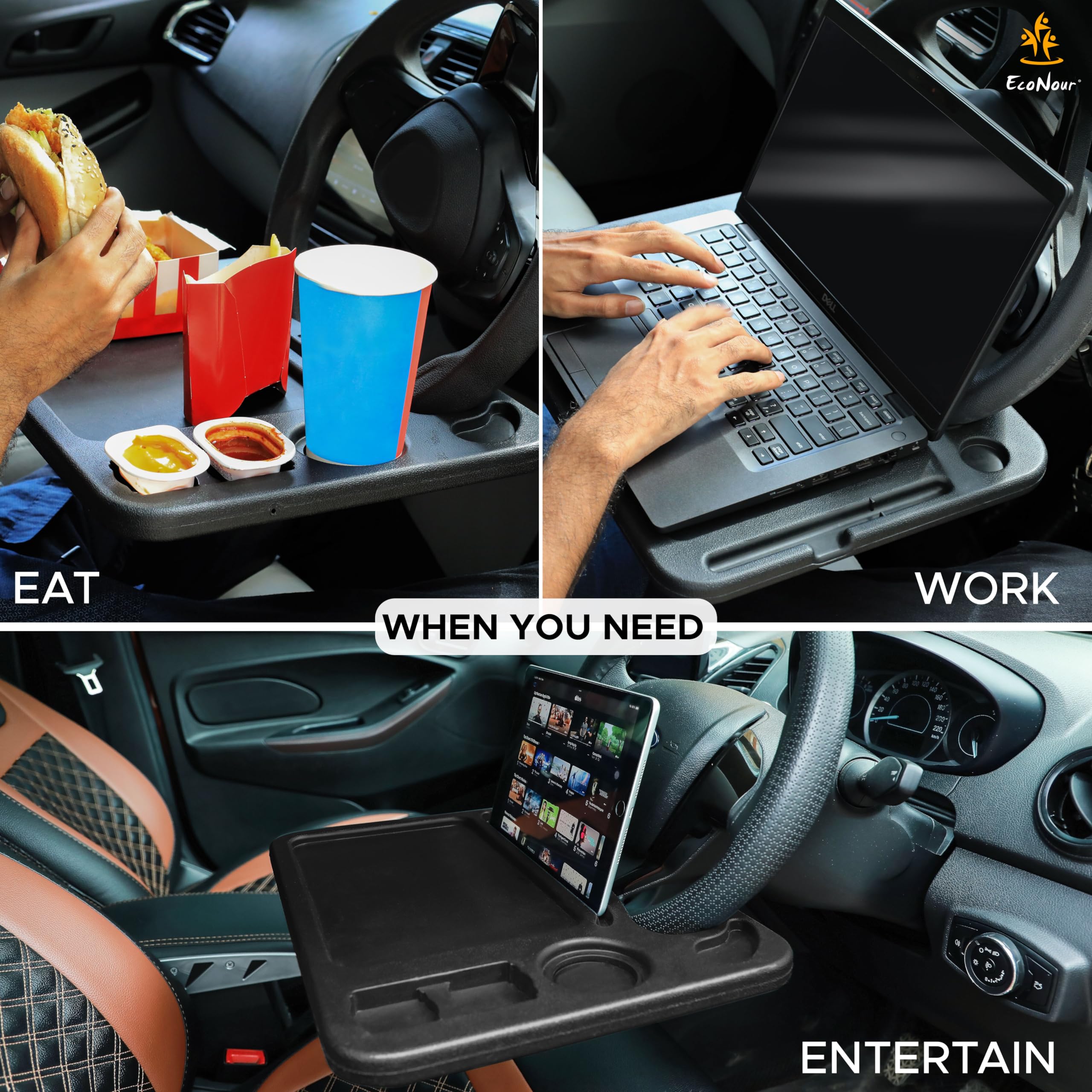 Econour 4 In 1 Car Steering Wheel Tray - 2024 Upgraded Tray With Dual Sauce Dip Holder And Tablet Holder | Spacious Steering Whe