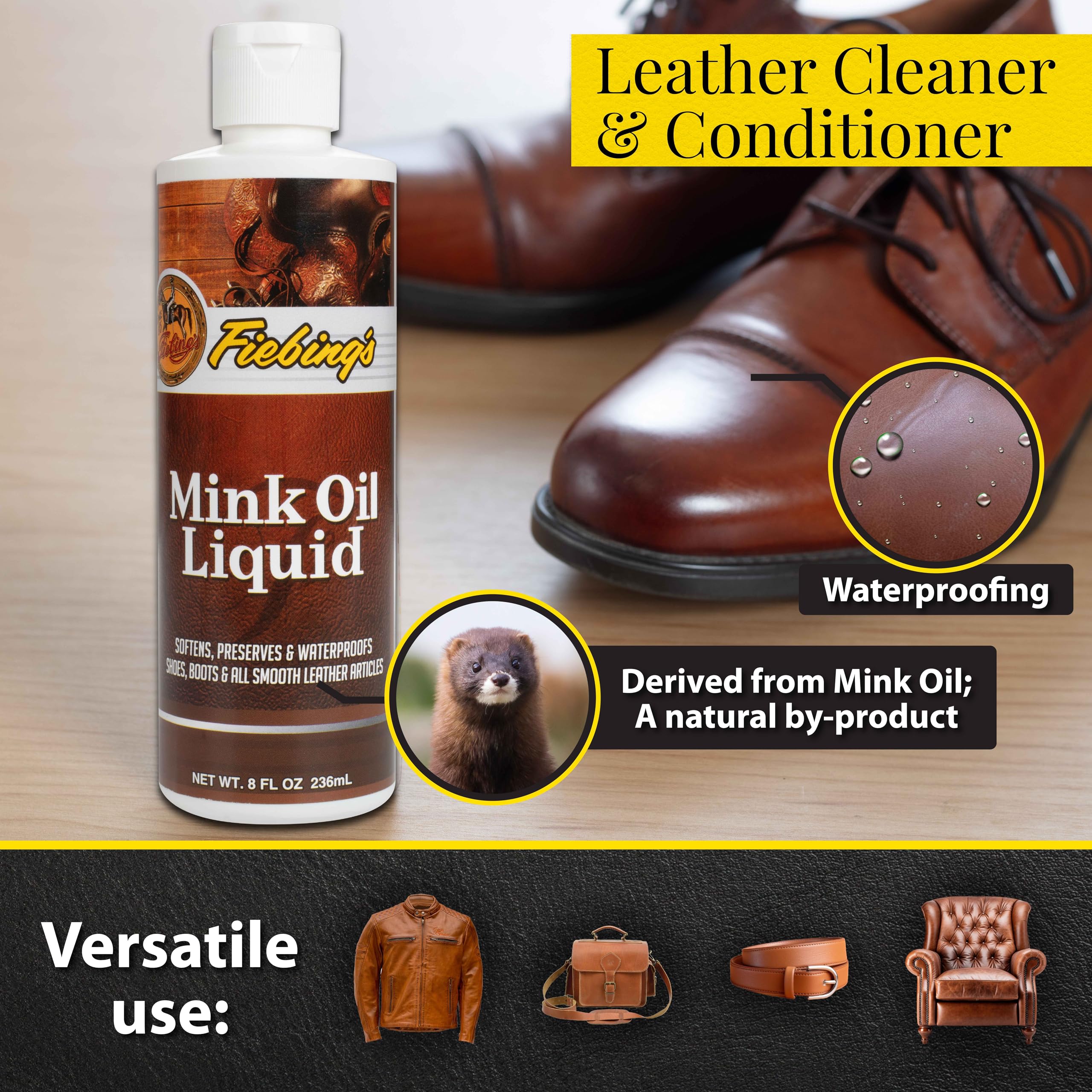 Fiebing's Liquid Mink Oil for Leather Boots (8 fl oz) - Leather Cleaner & Conditioner - Waterproof, Preserve, Soften All Smooth