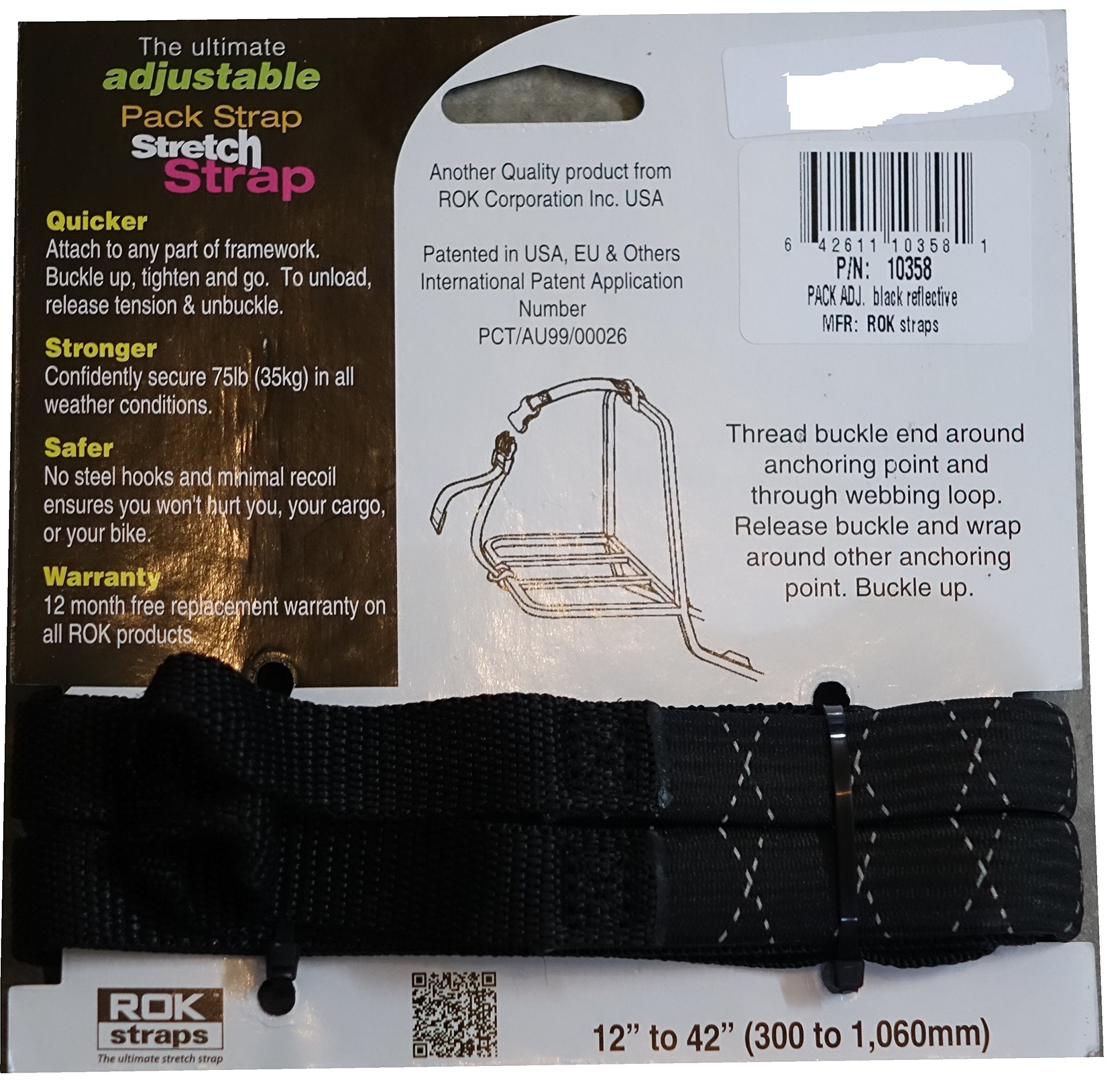 Rok Straps Rok-10358 Black/Reflective 12' - 42' Pack Adjustable Stretch Strap