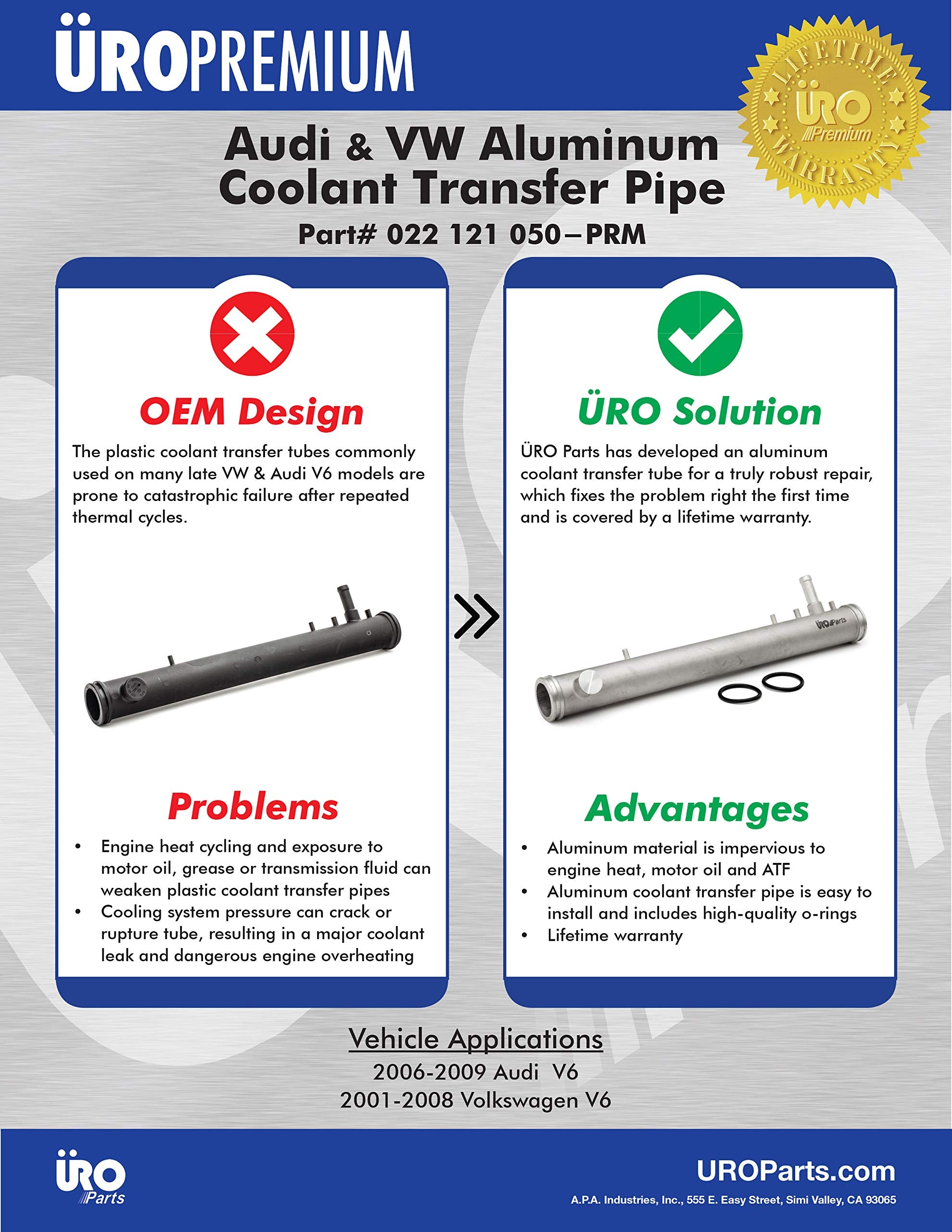 Uro Parts 022121050Prm Aluminum Coolant Transfer Pipe, Water Pump To T-Stat Housing