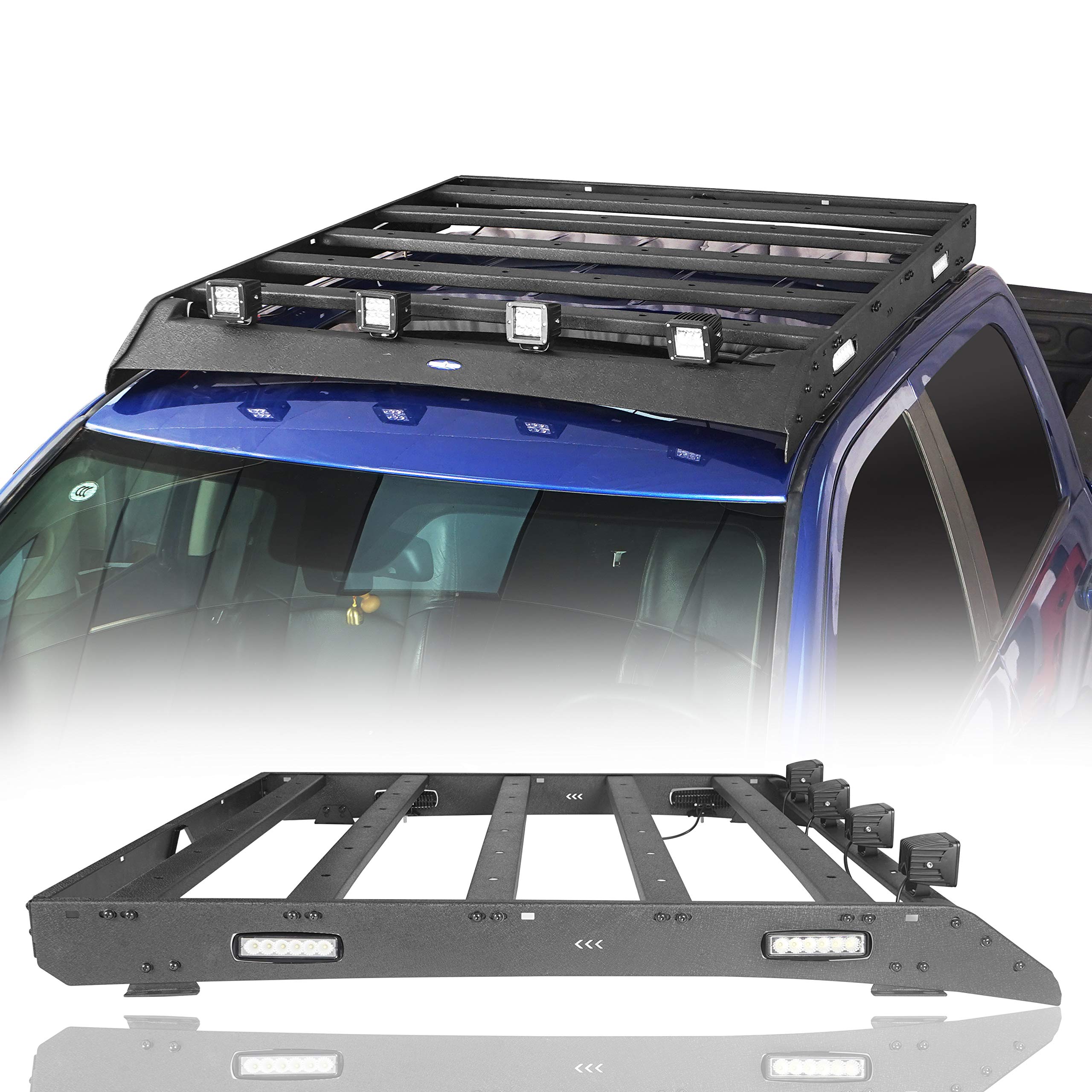 Hooke Road Ram 1500 Top Roof Rack Crossbar Cargo Basket Luggage Carrier Compatible For Dodge Ram 1500 2009-2018 Pickup Truck, Include Front & Side Lights