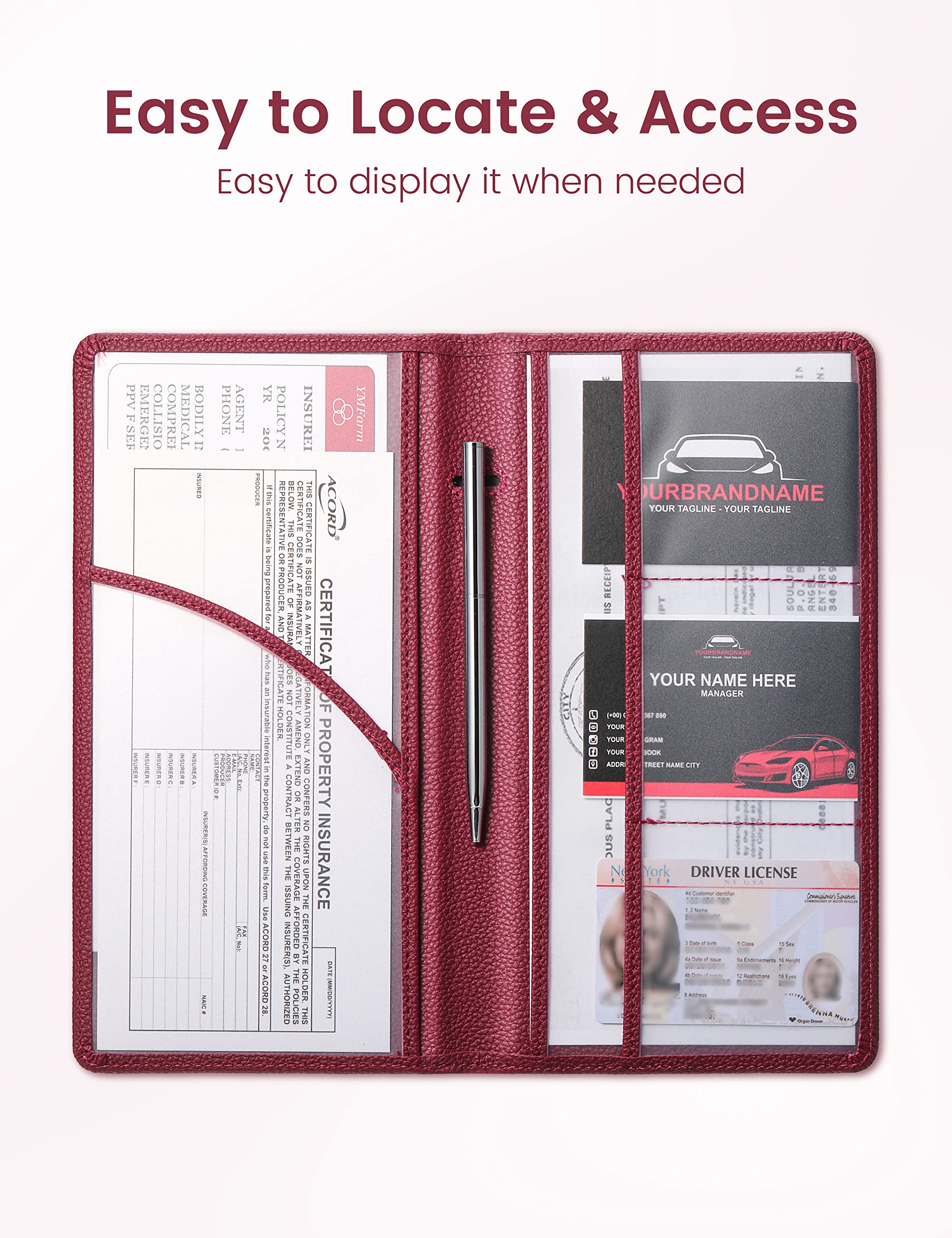Yarnic Car Registration and Insurance Holder, Pu Leather Car Document Holder Registration and Insurance Card Holder Vehicle Glov