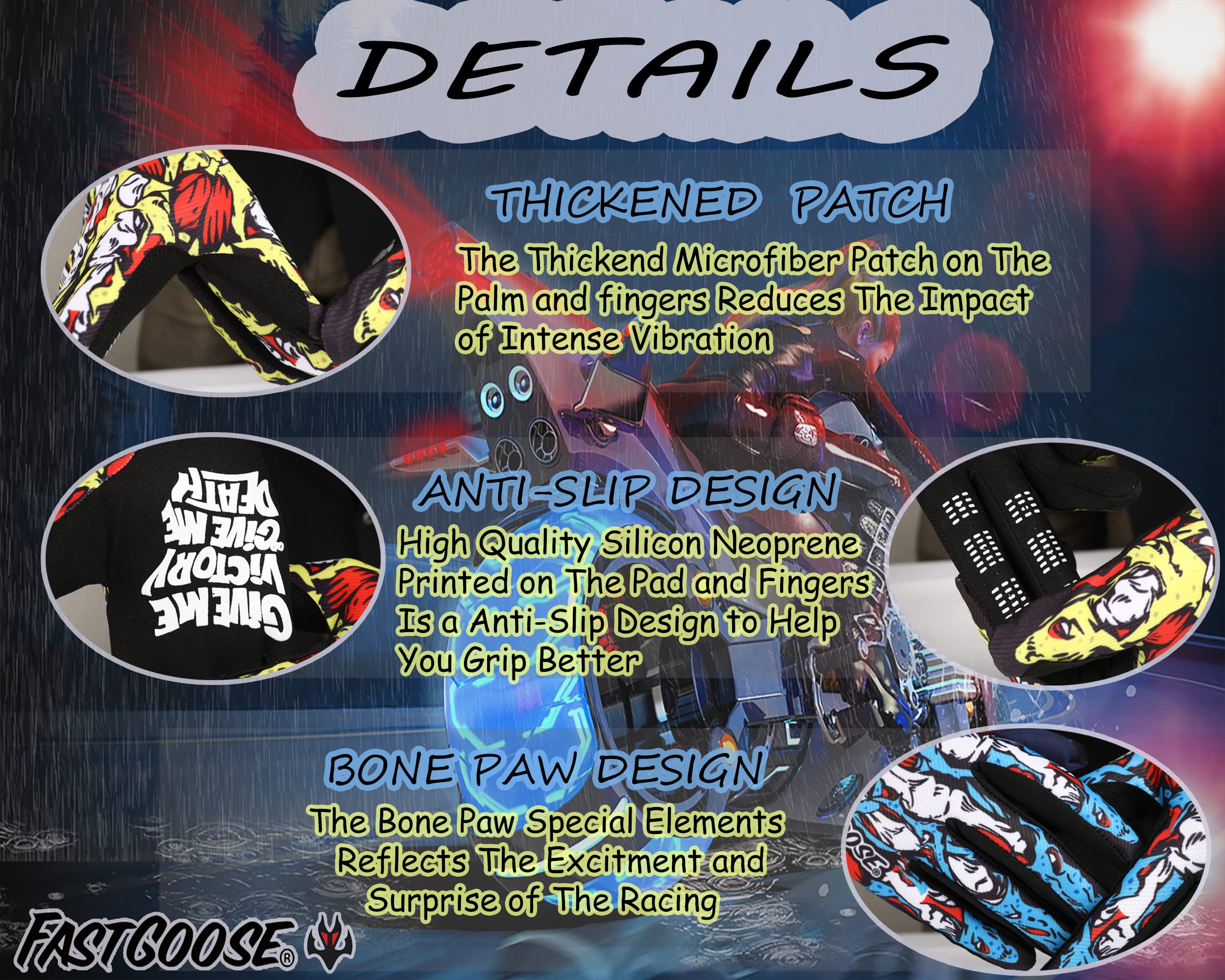 FASTGOOSE Skeleton-Paw Motorcycle Gloves for Men & Women, Men's Cycling Gloves Breathable Biker Gloves for ATV BMX MTB Motocross