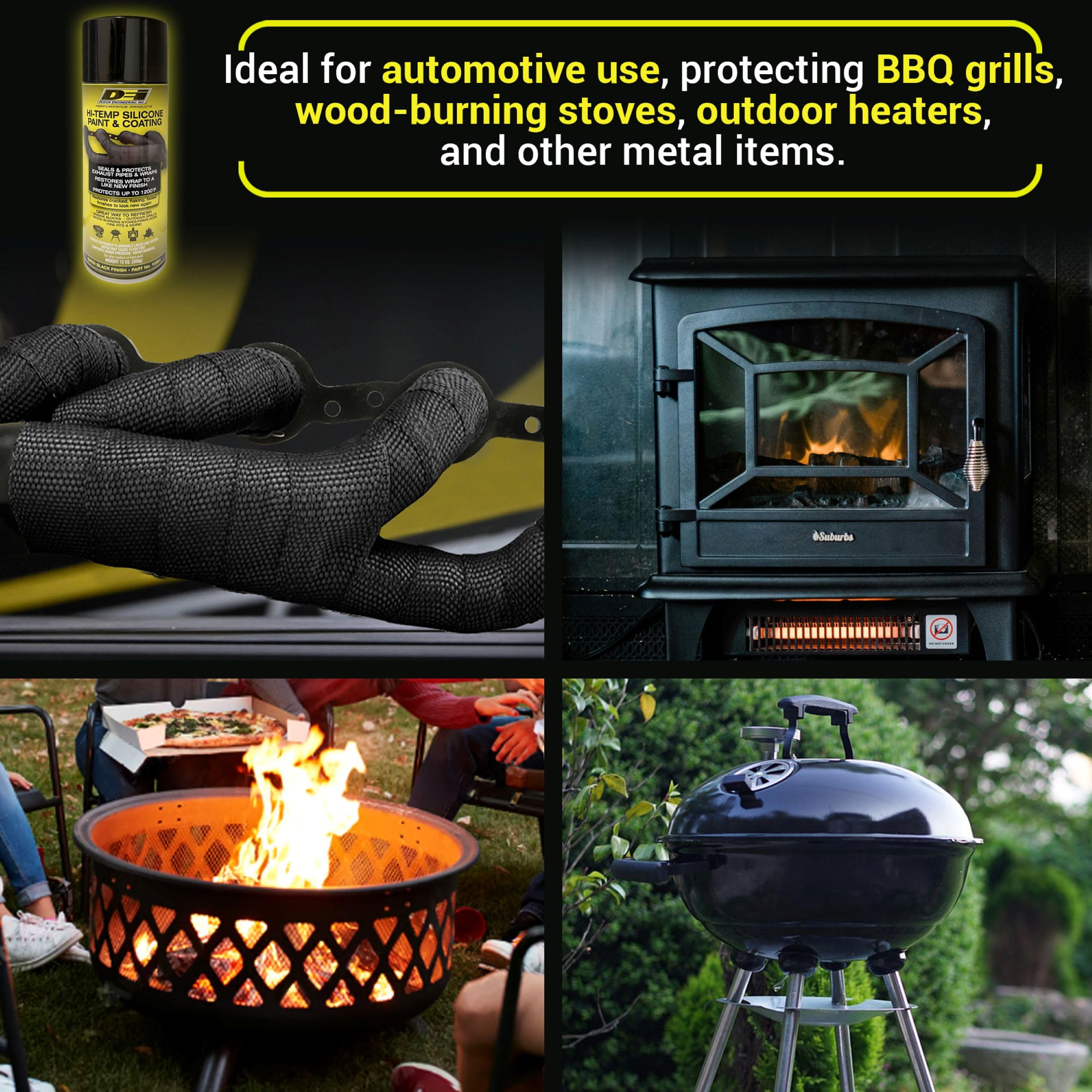 Design Engineering DEI Hi-Temp Silicone Coating Spray High Temp exhaust Wrap Sealant Protects up to 1500°F For Exhaust Wraps, Engine Blocks, Pipes, Manifolds Black