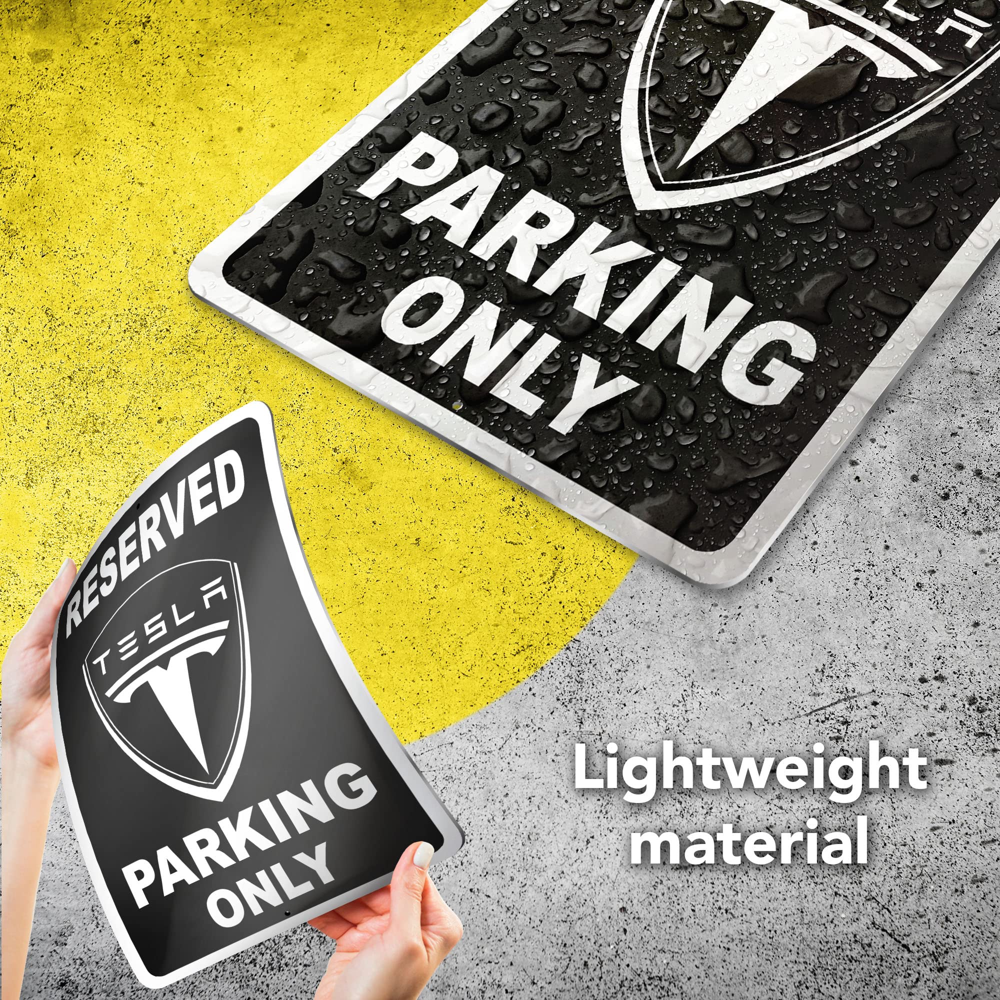DIMARONGTON Tesla Parking Only Sign - 8x12 Aluminum Garage Sign - Black - Gifts for Tesla Owners - Model DIM-812BT