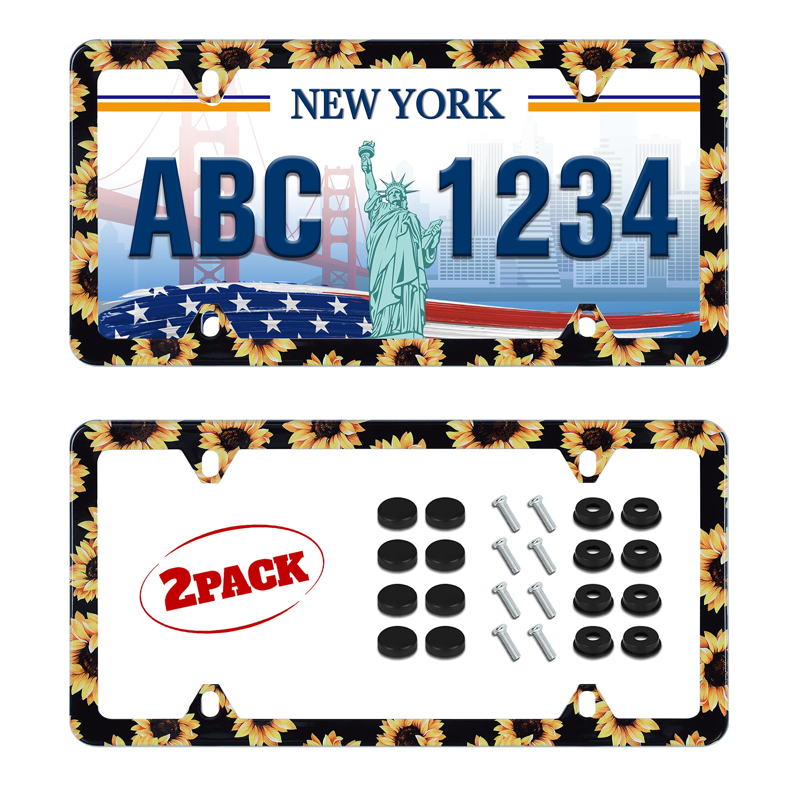 2Pcs Sunflower License Plate Frame Yellow Flowers Print Stainless Steel Auto Parts Decoration With Screws Fits U.S. Canadian Sta