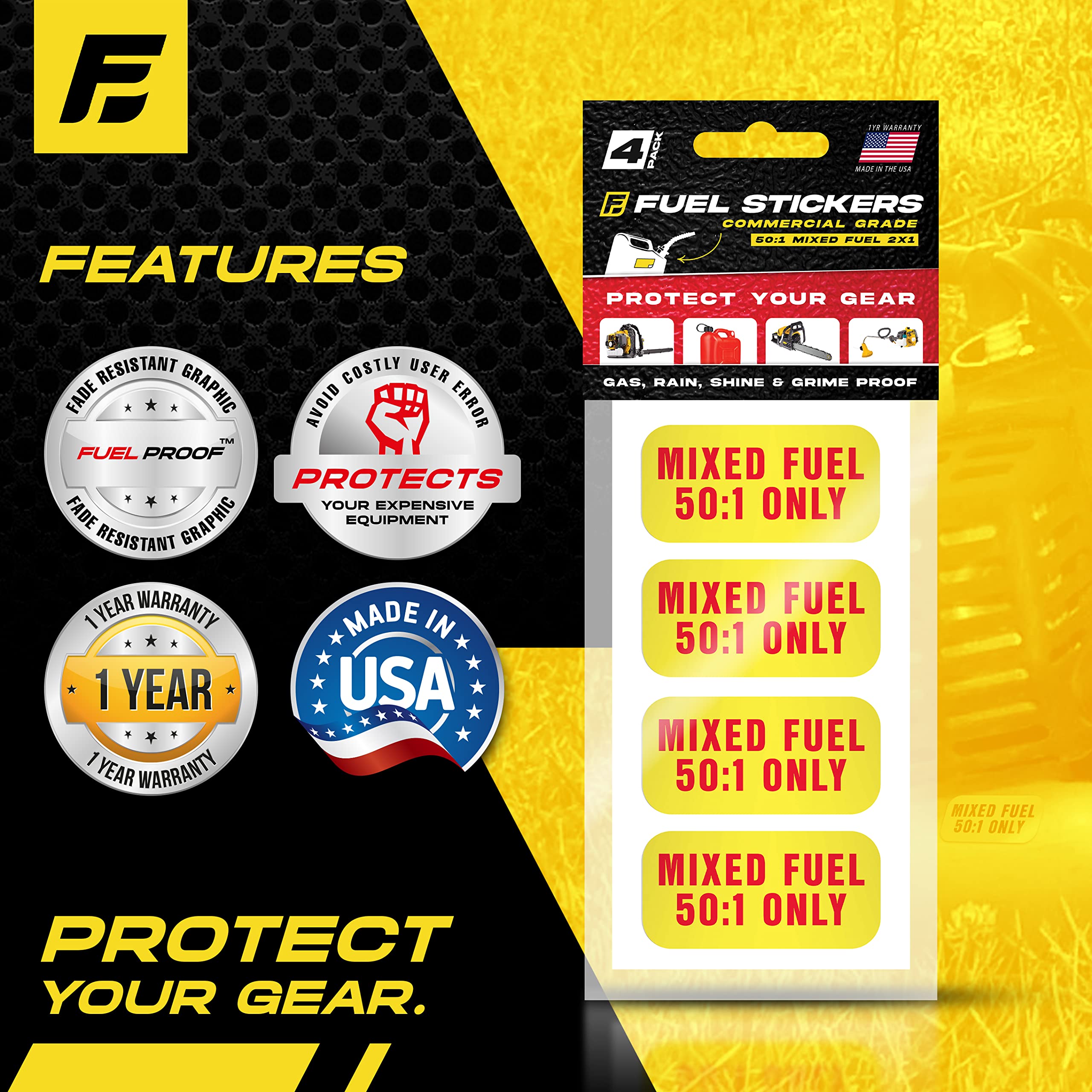 Mixed Fuel Stickers 50:1, 2 Cycle Label For Outdoor Fuel Power Equipment - Weather Proof, Extreme Stick, Commercial Grade Labels