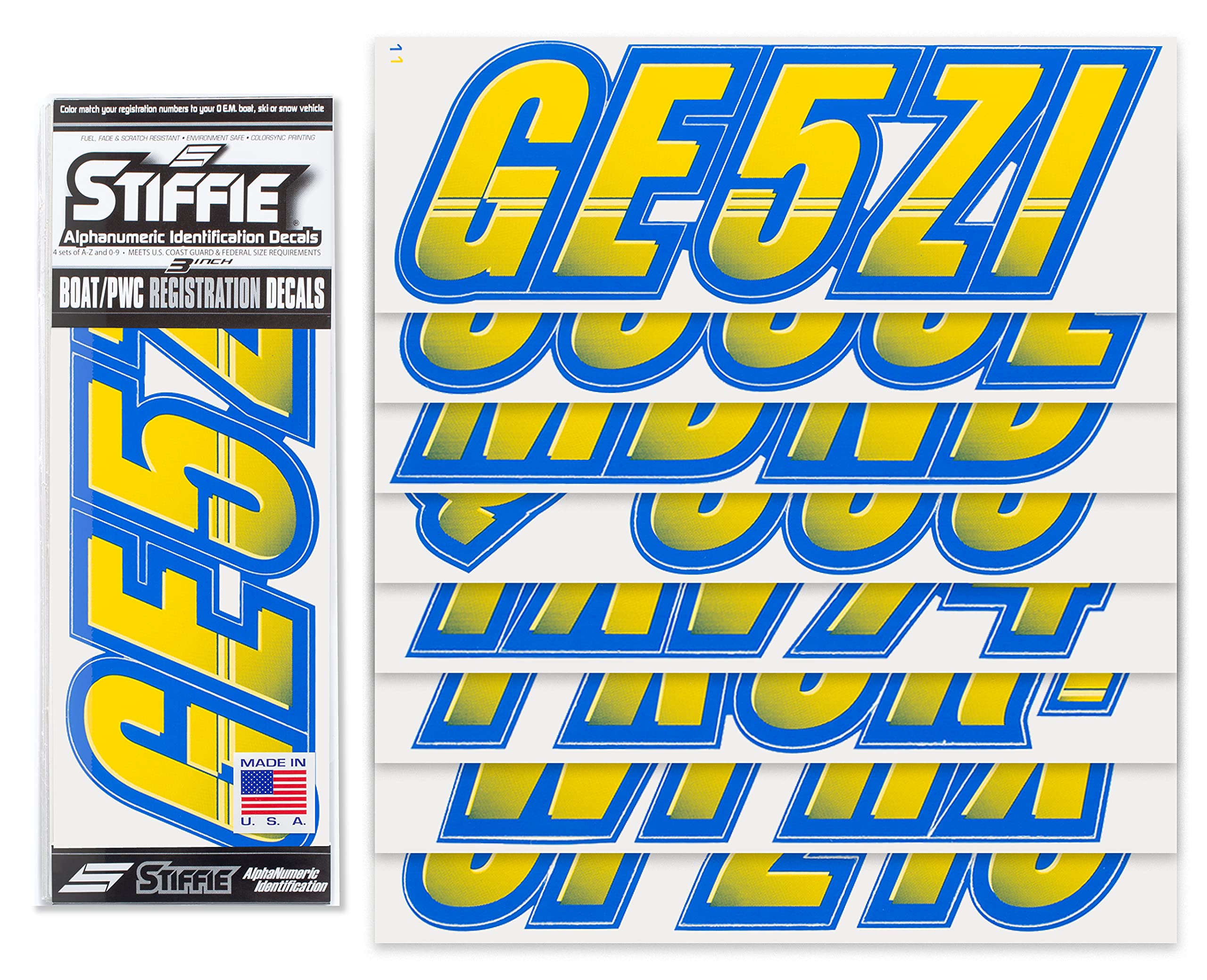 Stiffie Techtron Yellow/Blue 3 '' Boat & Pwc Registration Decals  Numbers Letters Stickers