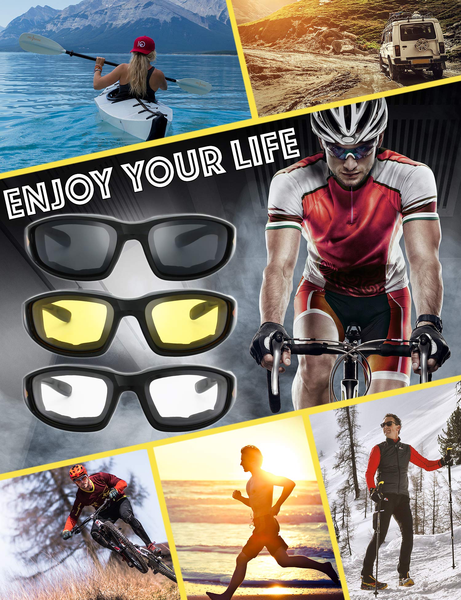 The Fresh Motorcycle Riding Glasses Padded Frame Lens Block 100% Uvb For Outdoor Activity Sport (1410-Shiny Black(Flame Print),