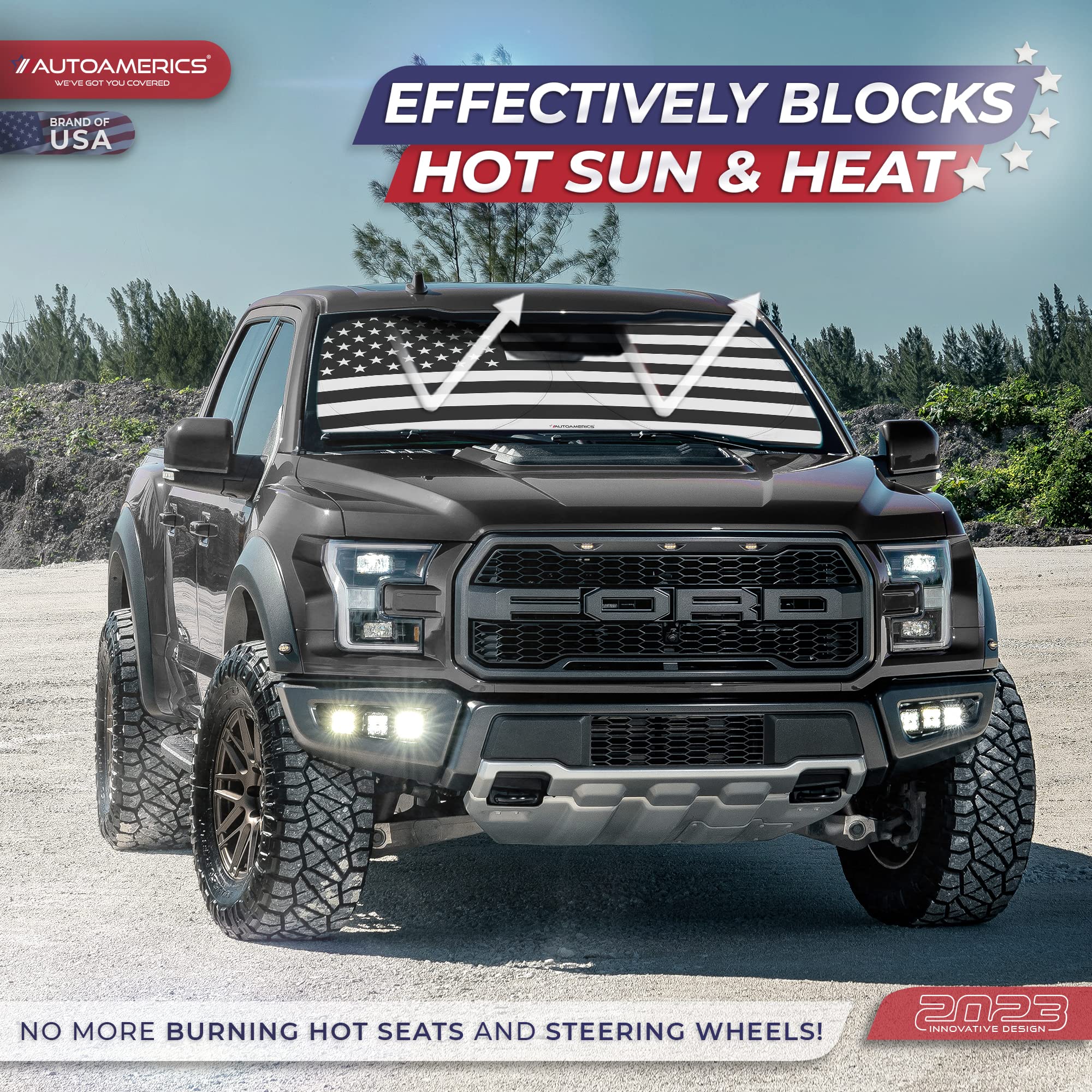 Autoamerics 1-Piece Windshield Sun Shade B&W American Flag Usa Patriotic Design - Foldable Car Front Window Sunshade For Most Se