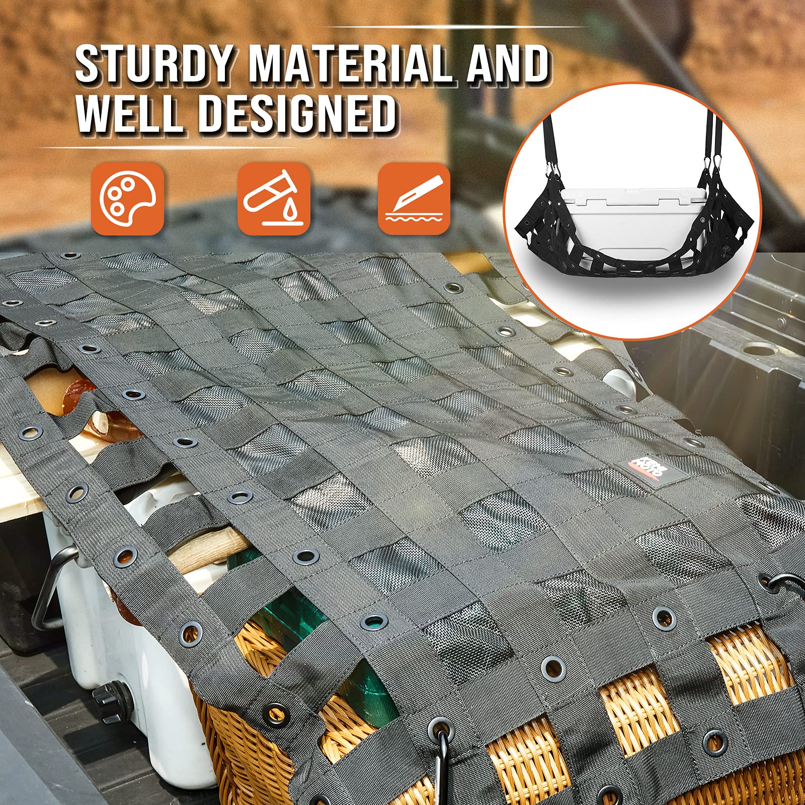 Kemimoto Heavy Duty UTV Cargo Net Stretchable UTV Roof Rack Bed Rail Cargo Bungee Netting with Straps Compatible with Polaris Ra