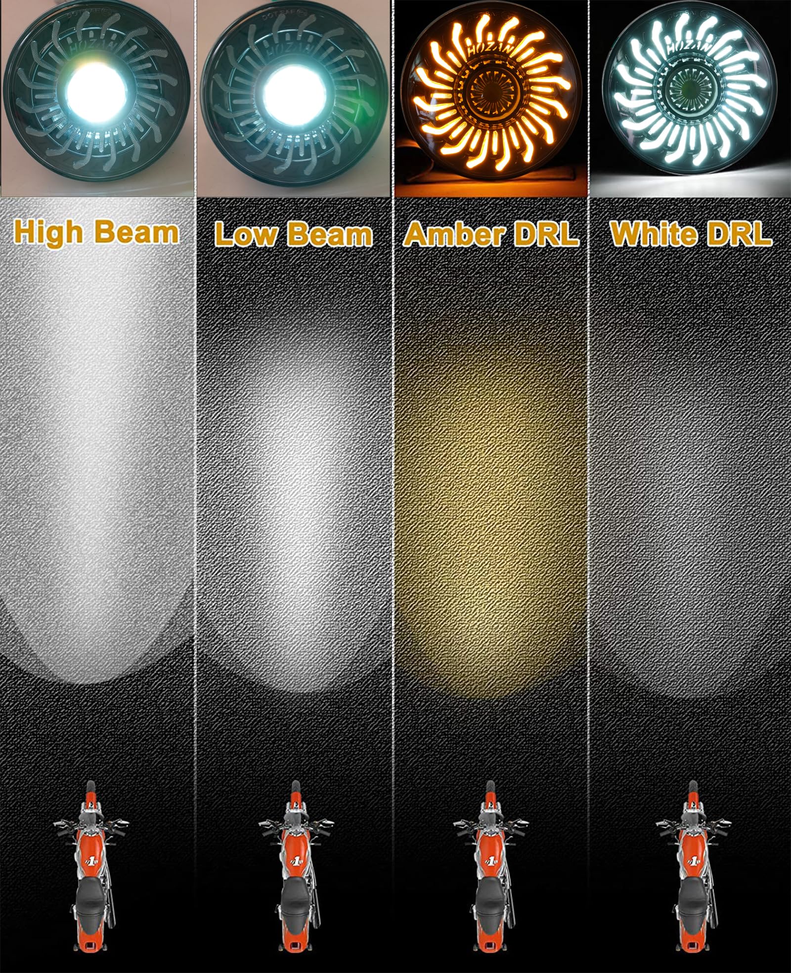 SINLIRU 5.75inch 5-3/4 Black LED Motorcycle Headlight Whirlwind White/Amber DRL Start-up Gradient Welcome Halo Head Light with M