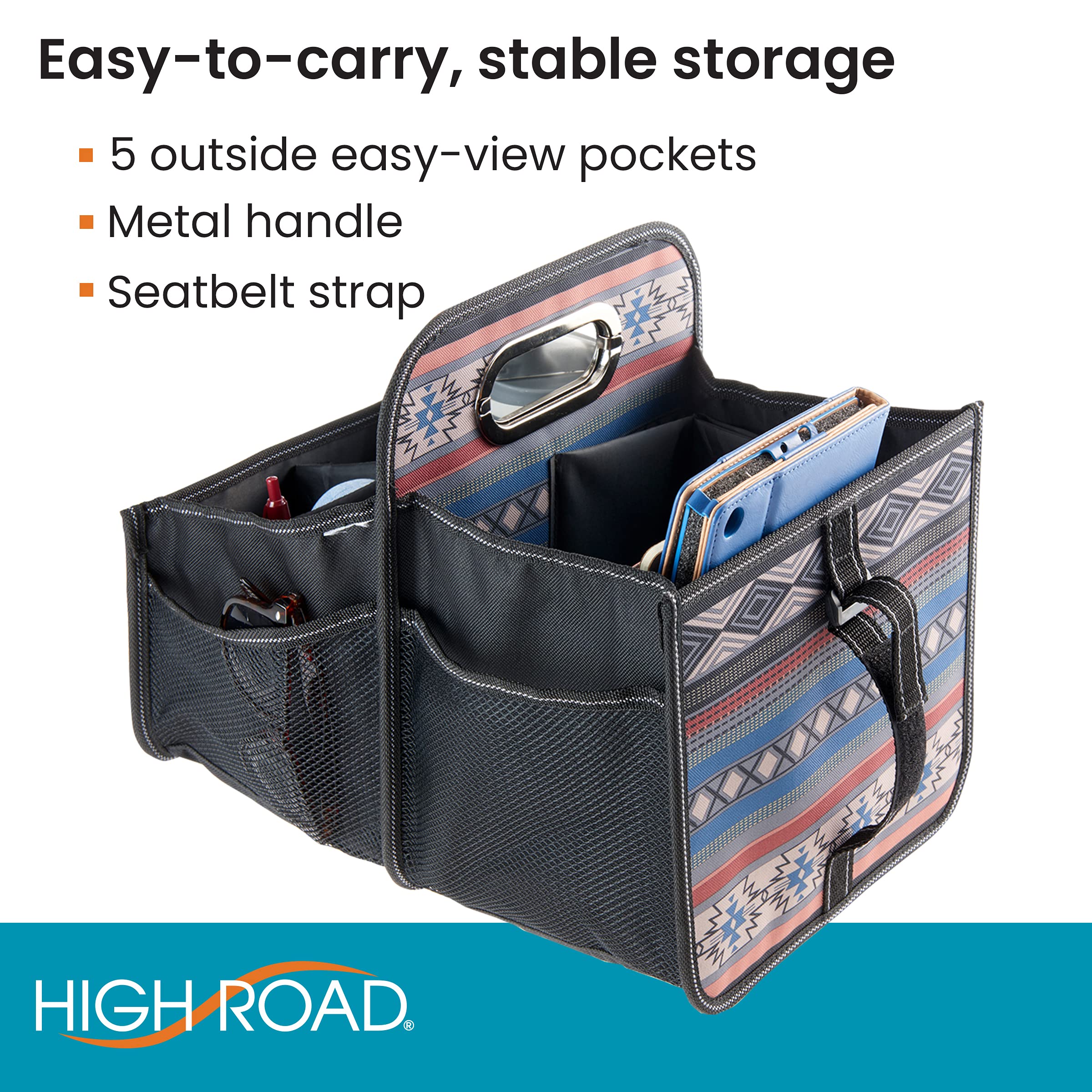 High Road Car Seat Organizer, Durable Polyester, Southwest Color, Model HR, with Cup Holder Dividers and Easy Carry Handle