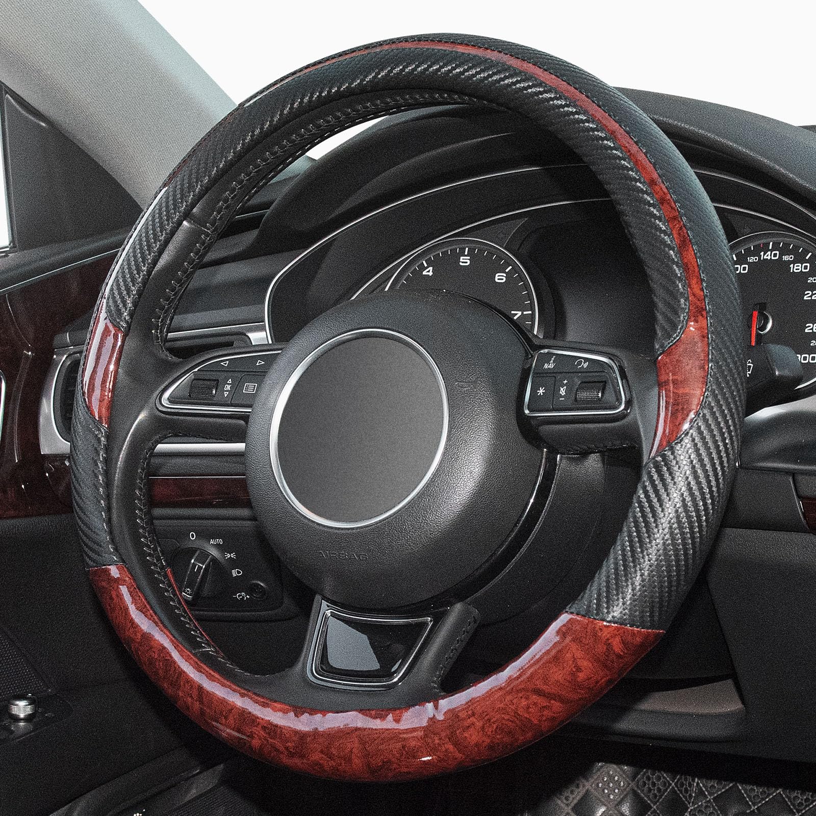 Xizopucy Wood Grain Steering Wheel Cover Red Universal Microfiber Leather, Suitable For 14 1/2-15 Inch Comfortable Anti-Slip, Go