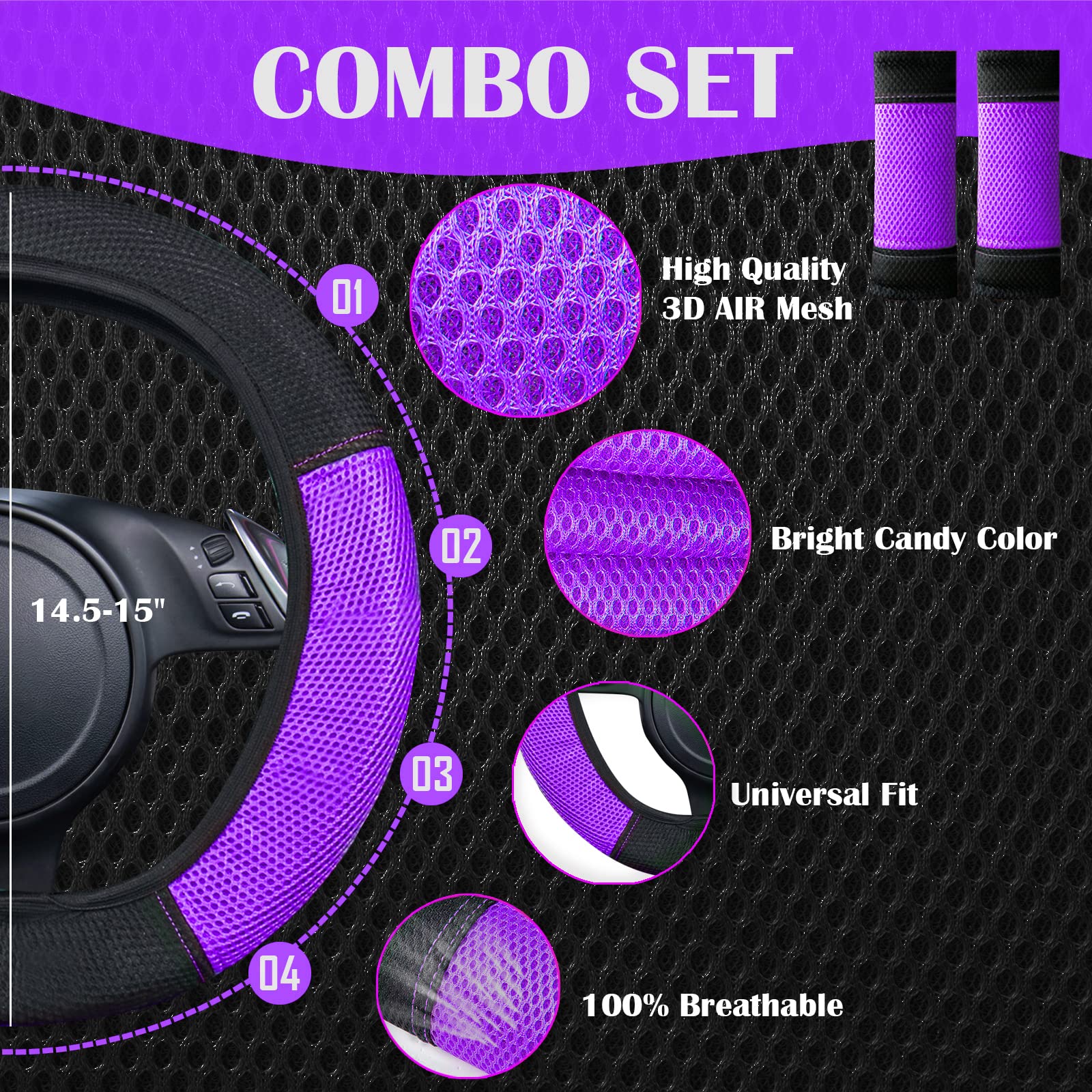 CAR PASS Universal 13PCS 3D Air Mesh-100% Breathable Seat Covers Full Sets, Steering Wheel, Belt Cover Airbag and Rear Split Ben