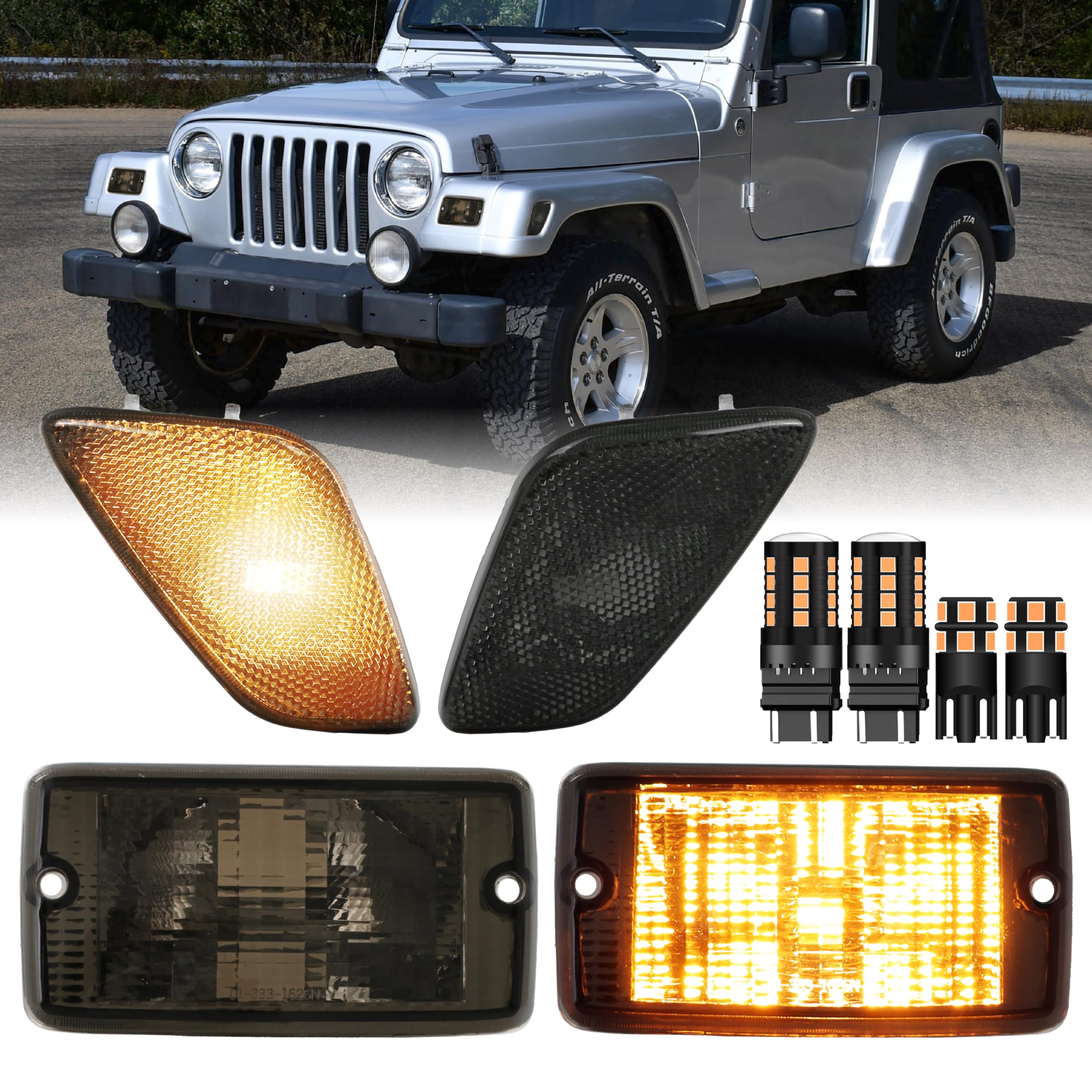 Usr 97-06 Tj Wrangler Smoke Lens Corner Side Marker Light & Front Turn Signal Lights - With X4 Led Amber Bulbs Upgrade - 4 Piece