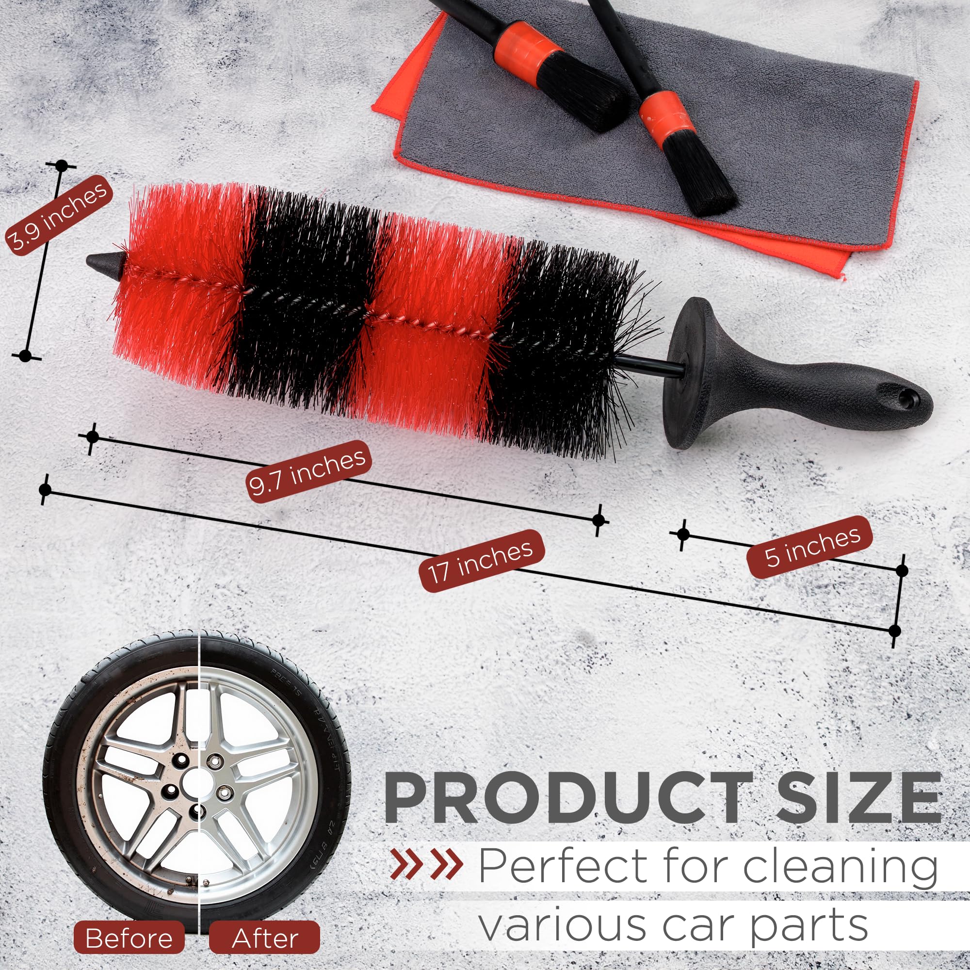 (Upgraded) Takavu Premium Wheel & Tire Brush, Long Bristle Detailing Brush For Effortless Rim & Tire Cleaning, Non-Slip Handle,