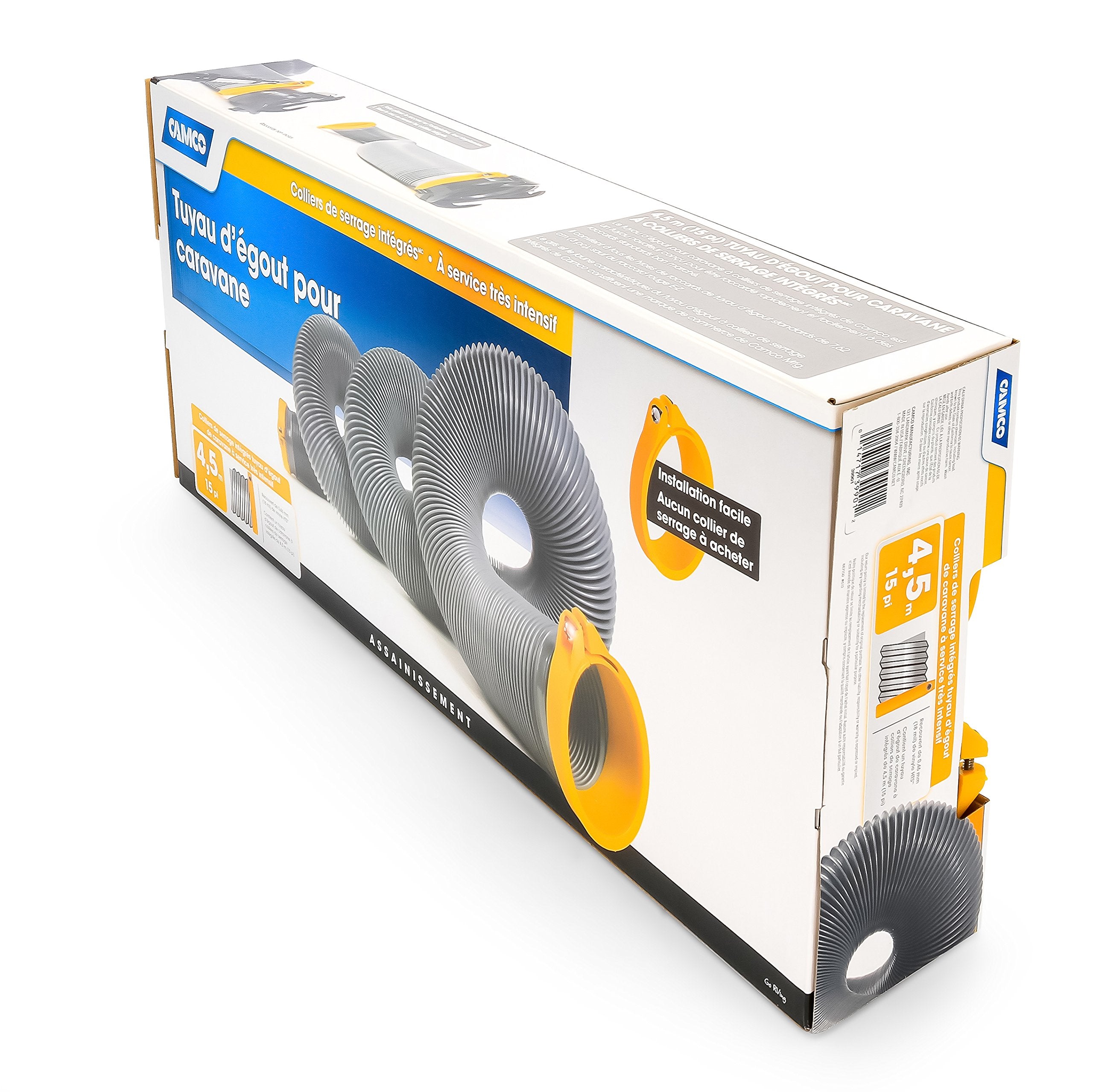 Camco Durable High Tensile Strength Vinyl Sewer Hose With Steel Wire Core And Self Clamping Fittings - 15 Hose, Great For Year R