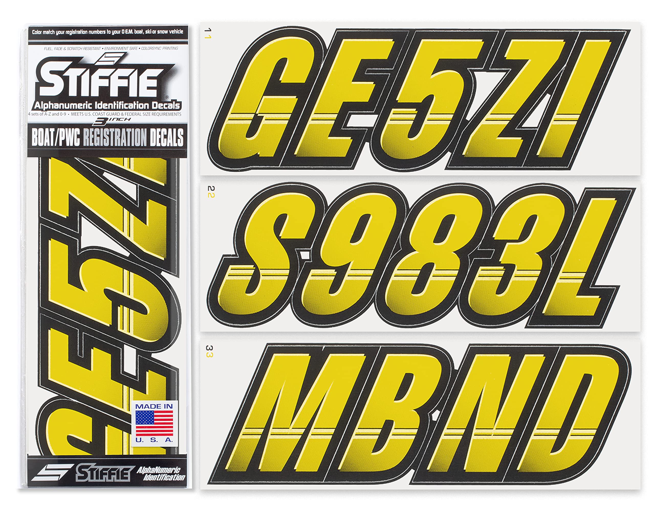 Stiffie Techtron Electric Yellow/Black 3 '' Boat & Pwc Registration Decals  Numbers Letters Stickers