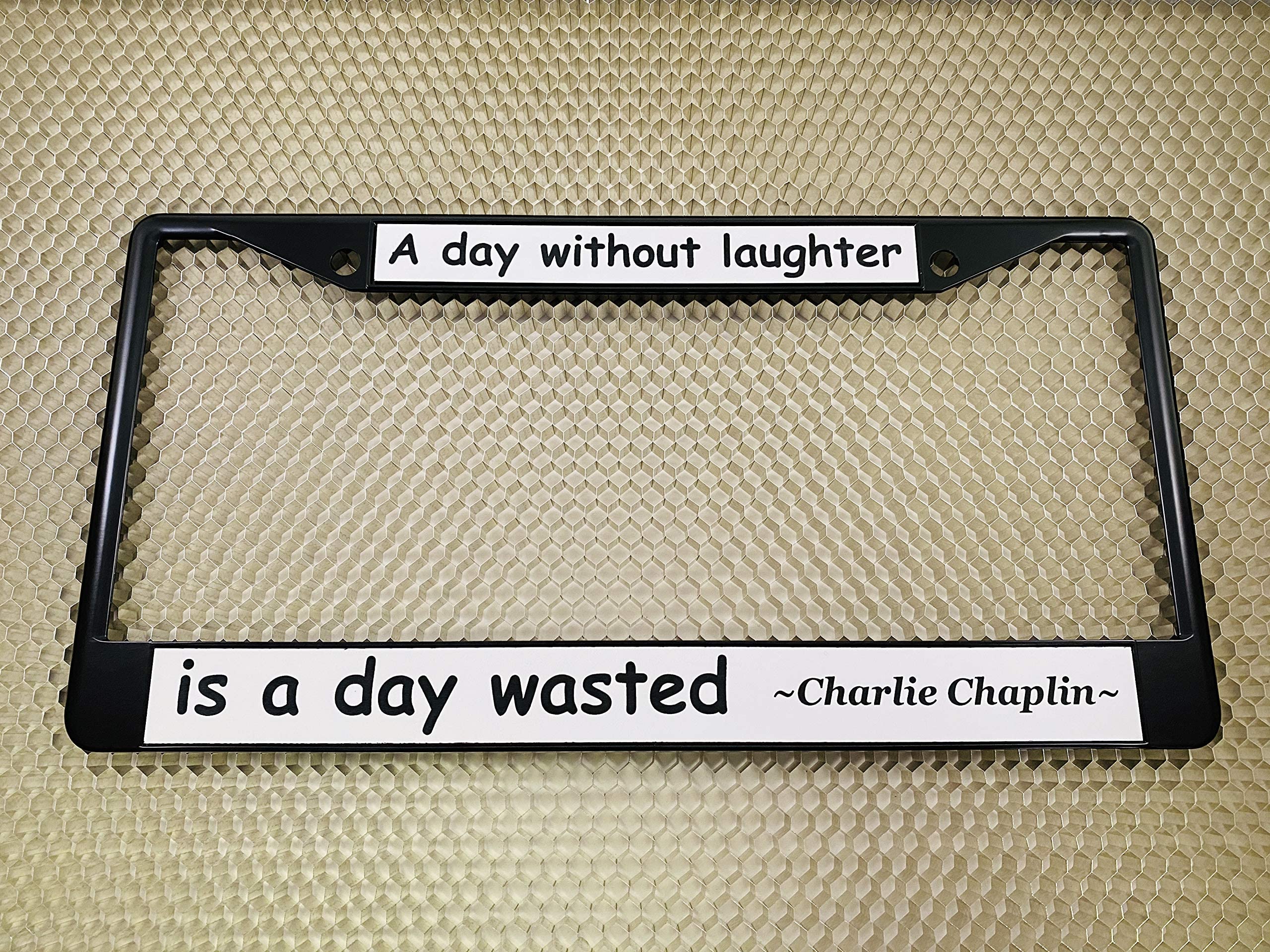 Custom Personalized Black Powder-Coated Metal Laser Engraved Standard Size - Car/Automobile License Plate Frame With Free Caps -