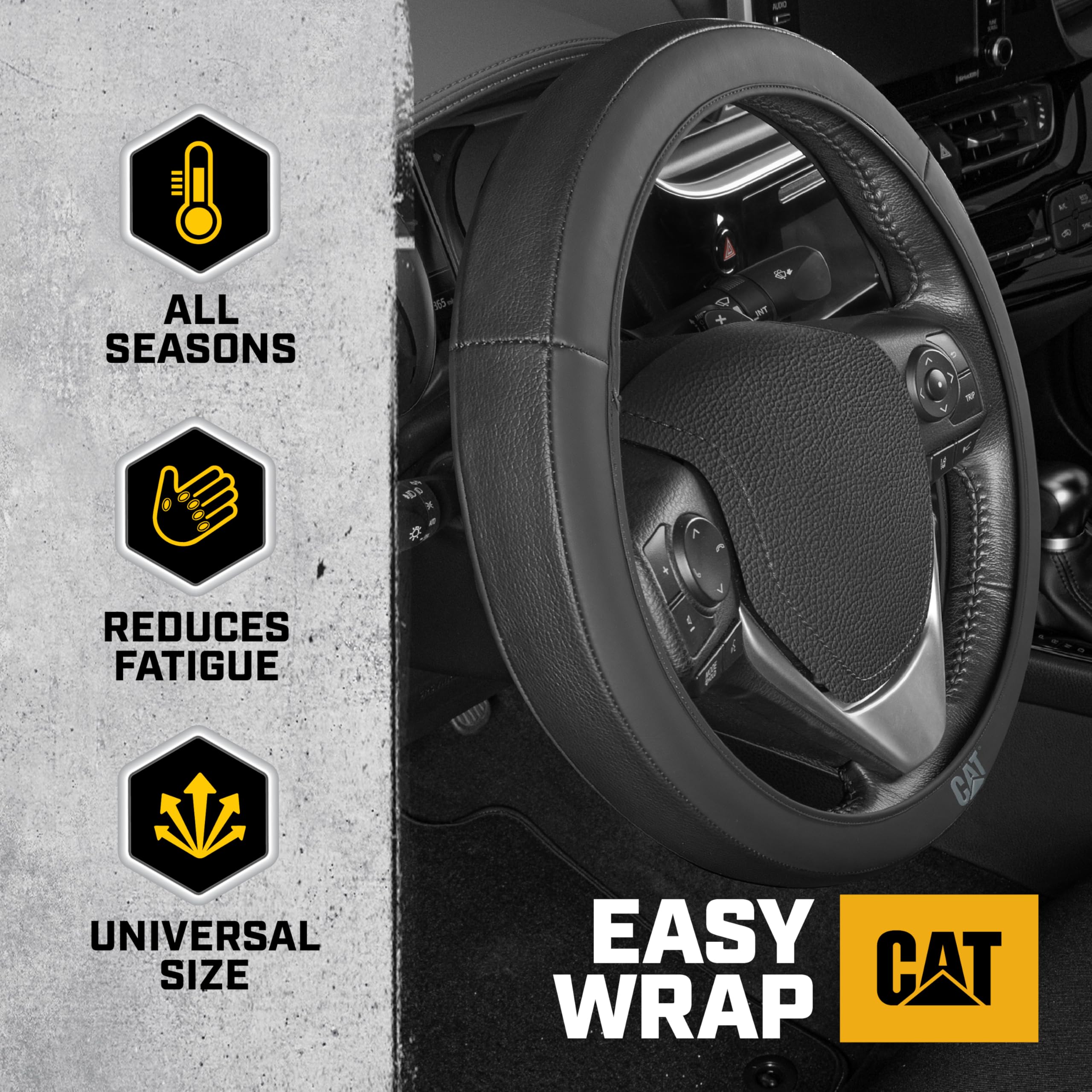 Cat Easywrap Faux Black Leather Steering Wheel Cover, Standard 15 Inch Size, Durable And Comfortable Self Wrapping Car Steering