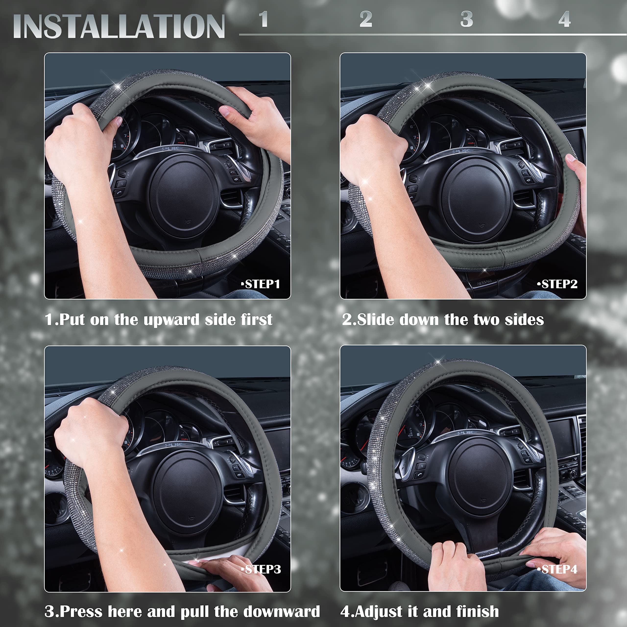 Car Pass Bling Diamond Leather Steering Wheel Cover, With Bling Sparkly Crystal Glitter Rhinestones Universal Fit 14 1/2-15 Car Wheel Protector For Women Girl Fit Suvs,Vans,Sedans,Cars,Trucks, Gray