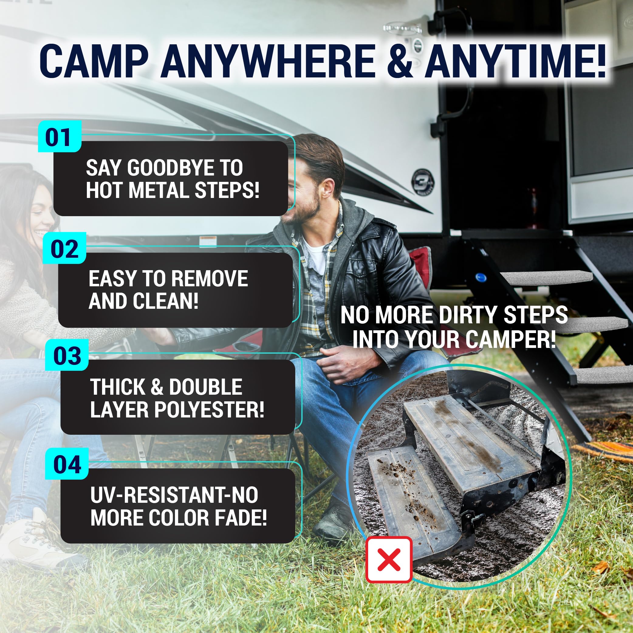 LATCH.IT RV Step Covers 3 Pack | 18'' Wide Camper Step Covers | Gray RV Stair Covers | RV Step Carpet Fits 8-11'' Deep RV Stairs