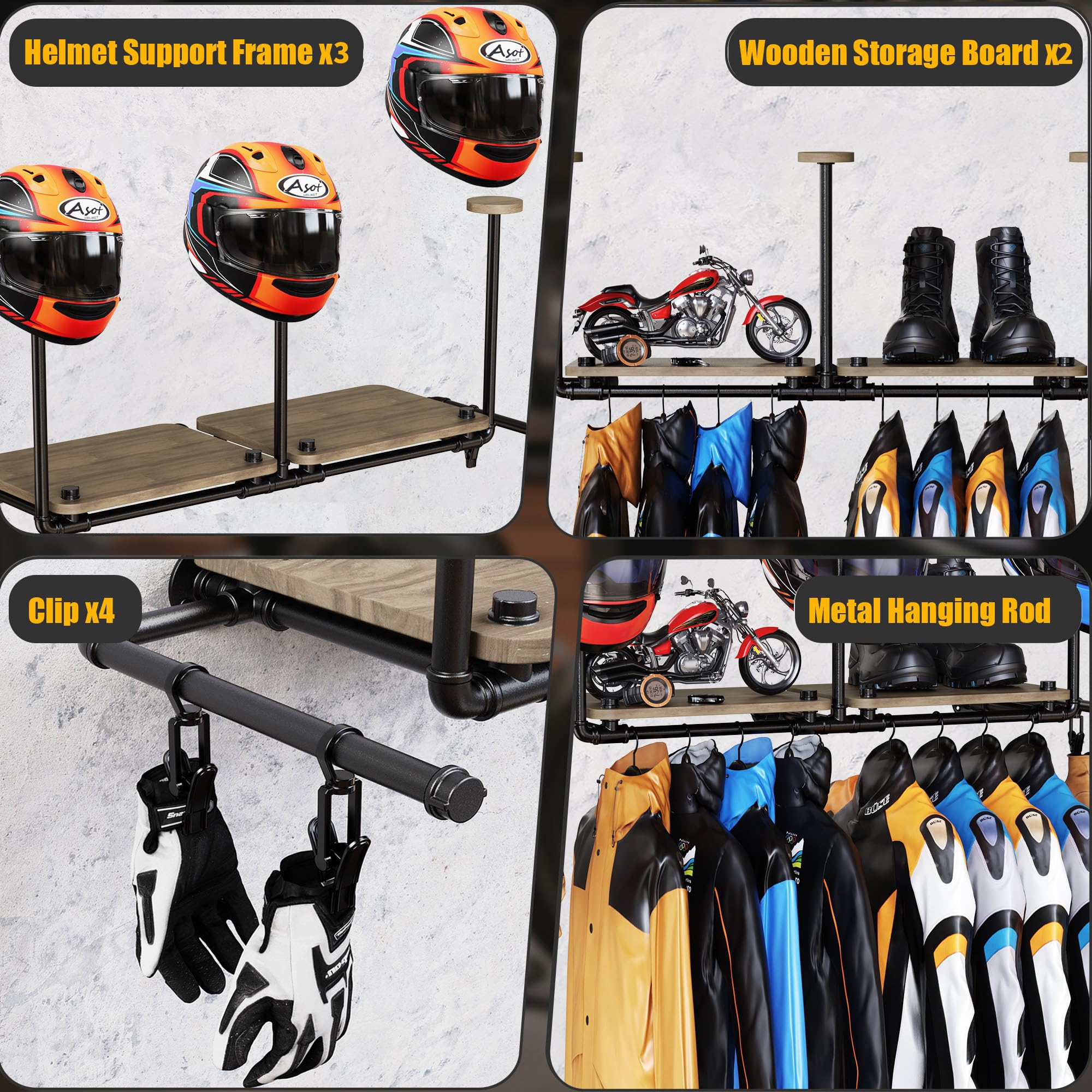 ATSKIM Double Motorcycle Helmet Holder Wall Mount, Helmet Hanger and Jacket Holder Wall Mount, Riding Gear Display Rack with 4 H