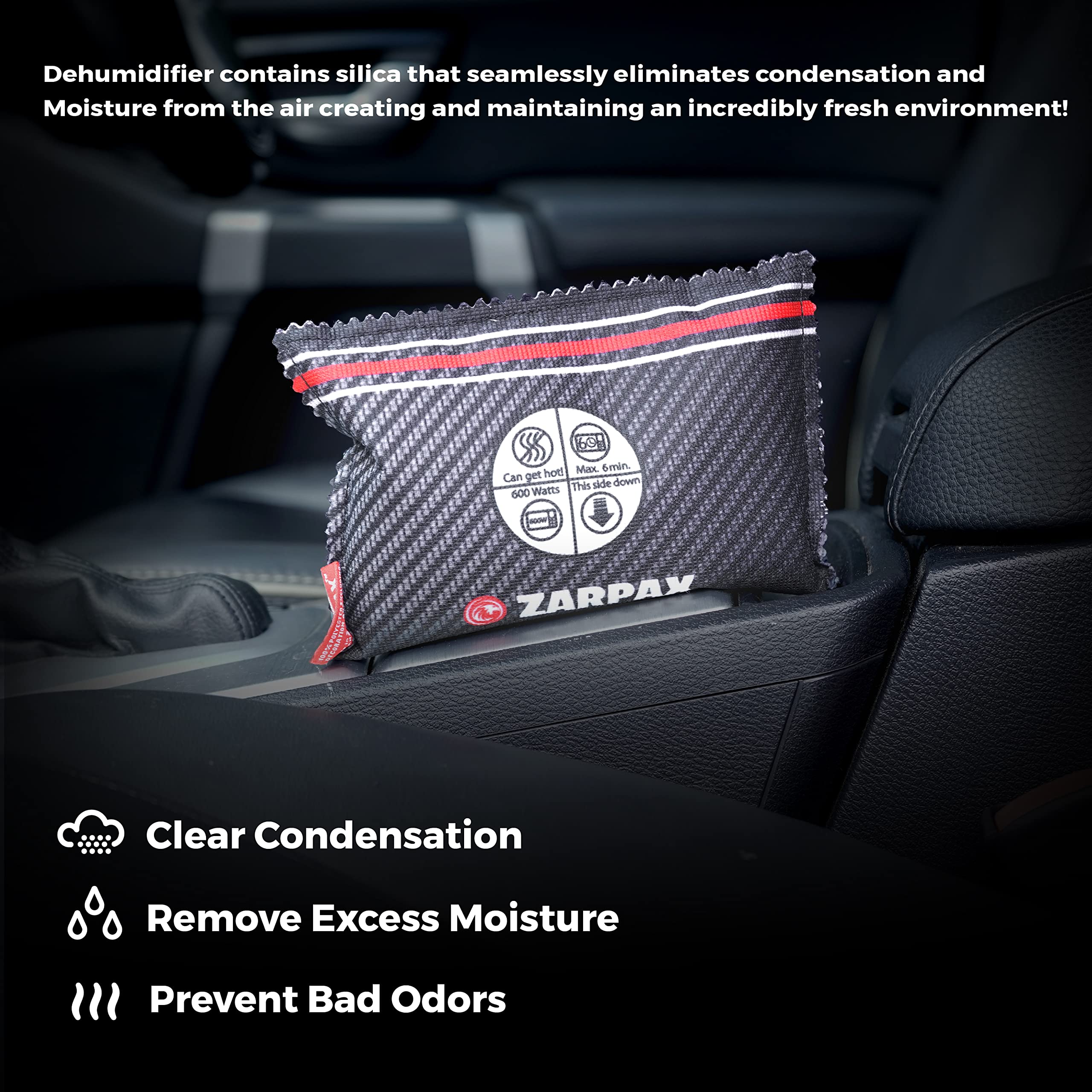 ZARPAX Car Dehumidifier Bag 2 pack | Absorbs Moisture, Damp, & Condensation on Windscreens & Car Interior | 100% Leakproof | Reu