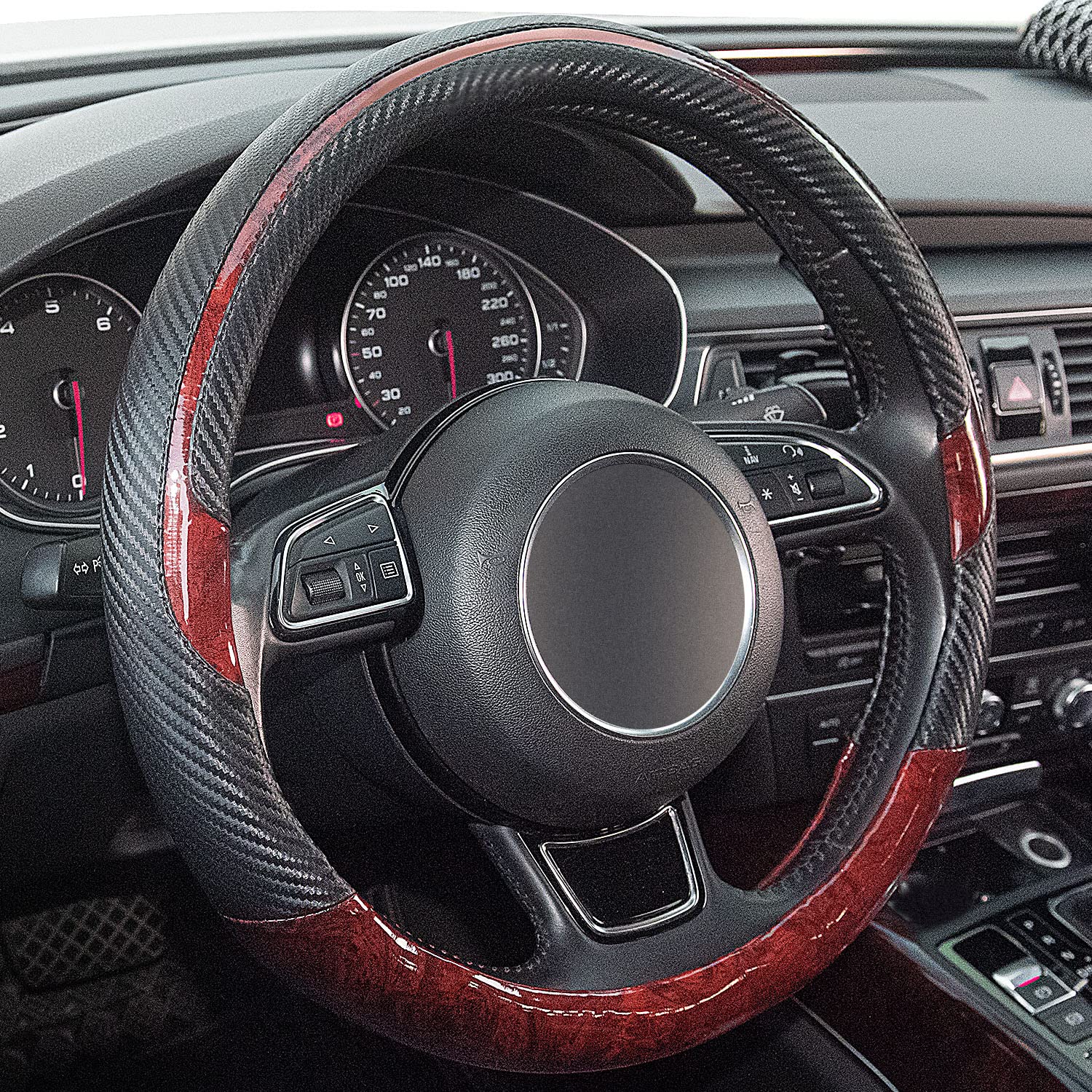 Xizopucy Wood Grain Steering Wheel Cover Red Universal Microfiber Leather, Suitable For 14 1/2-15 Inch Comfortable Anti-Slip, Go