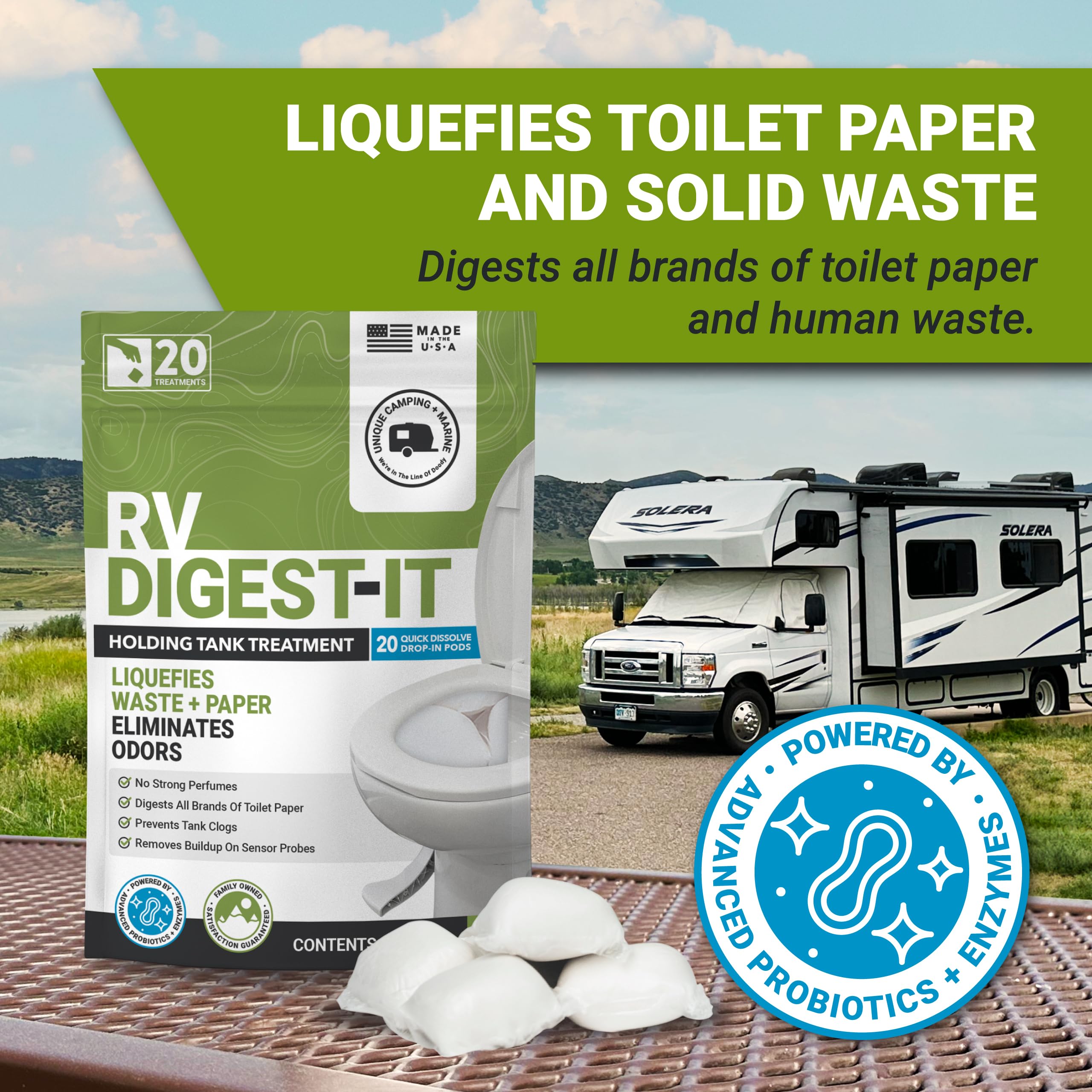 Unique Rv Digest-It Classic Rv Toilet Treatment, Drop-In Pod - Convenient, Dissolvable, Mess-Free - Eliminates Odors And Liquifi