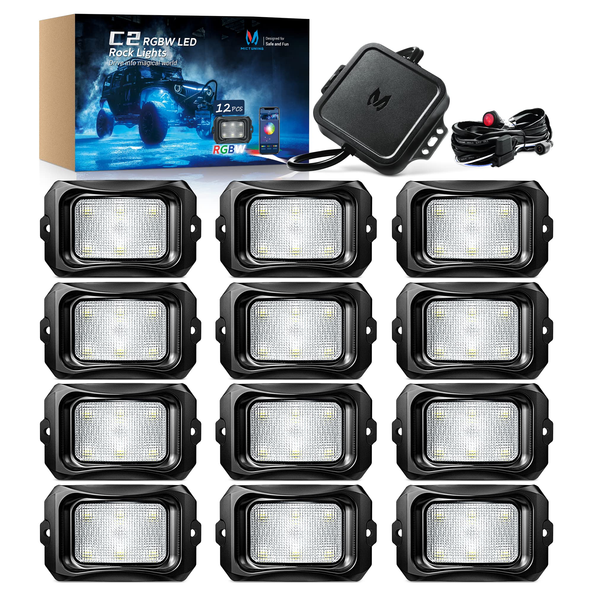 Mictuning C2 Curved Rgbw Led Rock Lights - 12 Pods Underglow Multicolor Neon Light With Wiring Switch Kit, Bluetooth Controller