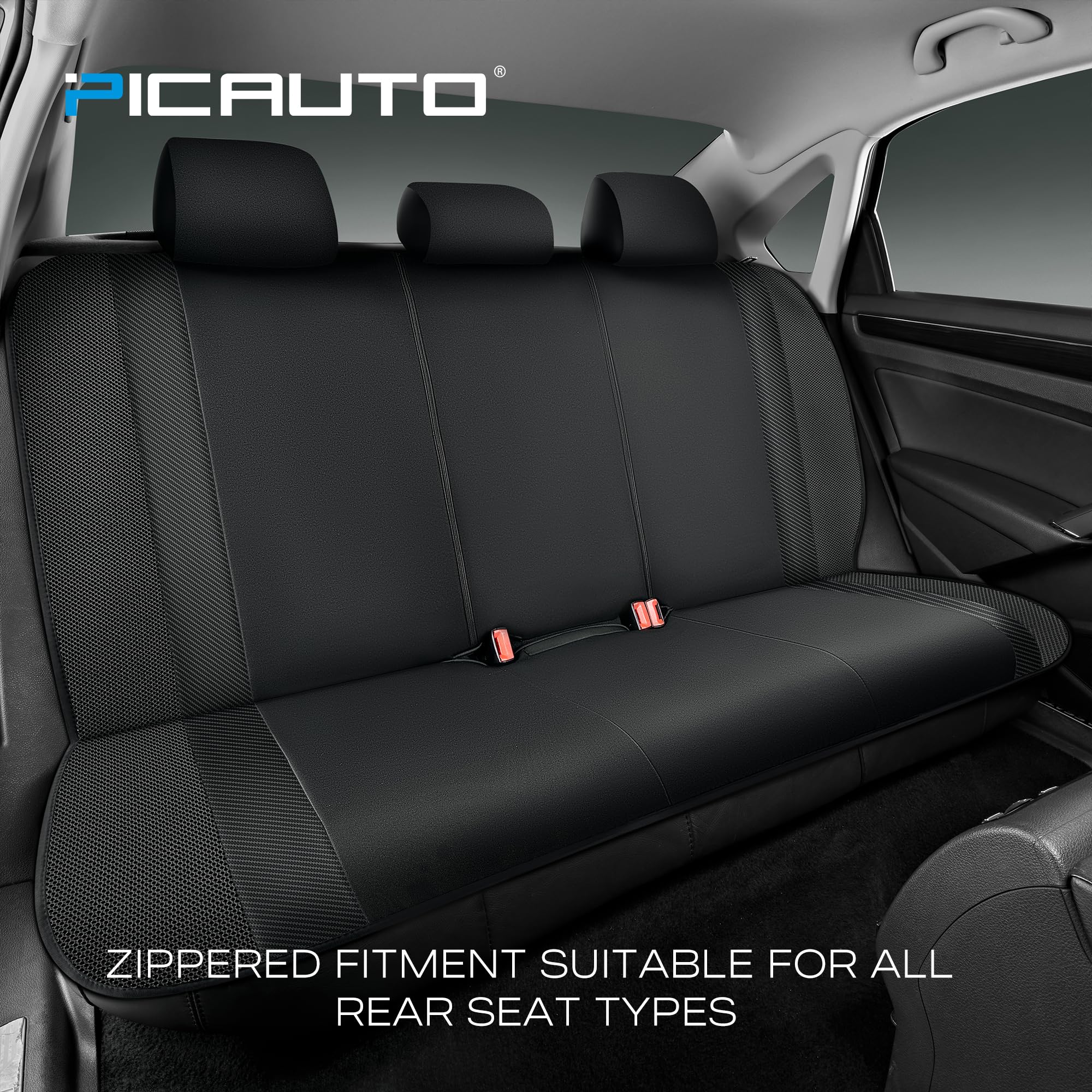 Pic Auto Car Seat Covers, High Back Full Set Automotive Seat Covers,Front And Rear Bench - Sports Carbon Fiber Mesh Design, Universal Fit Most Cars, Suvs, Trucks And Vans, Airbag Compatible (Black)